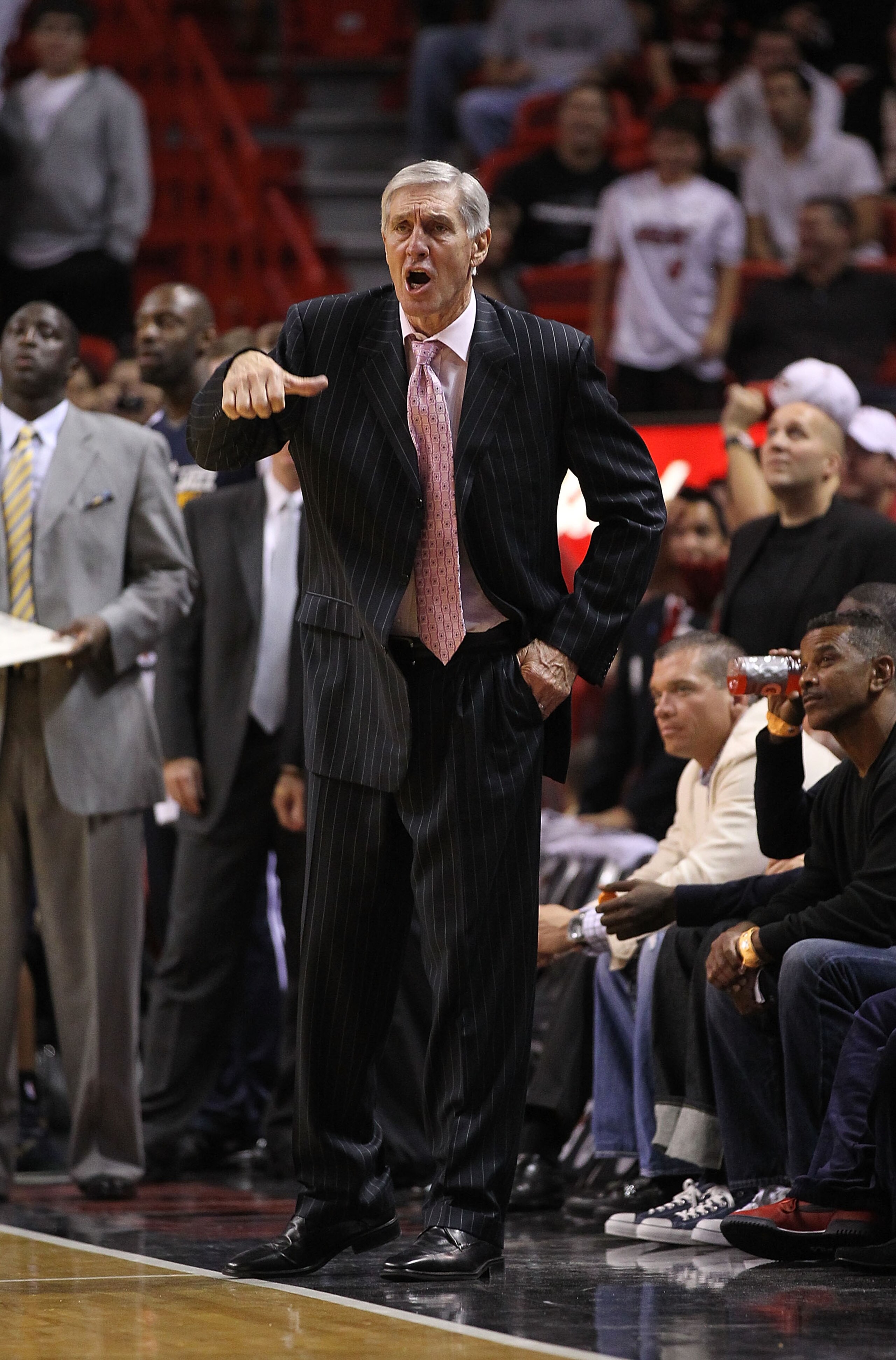 MIAMI - NOVEMBER 09: Utah Jazz head coach Jerry Sloan yells during a game against the Miami Heat at American Airlines Arena on November 9, 2010 in Miami, Florida. NOTE TO USER: User expressly acknowledges and agrees that, by downloading and/or using this MIAMI - NOVEMBER 09: Utah Jazz head coach Jerry Sloan yells during a game against the Miami Heat at American Airlines Arena on November 9, 2010 in Miami, Florida. NOTE TO USER: User expressly acknowledges and agrees that, by downloading and/or using this