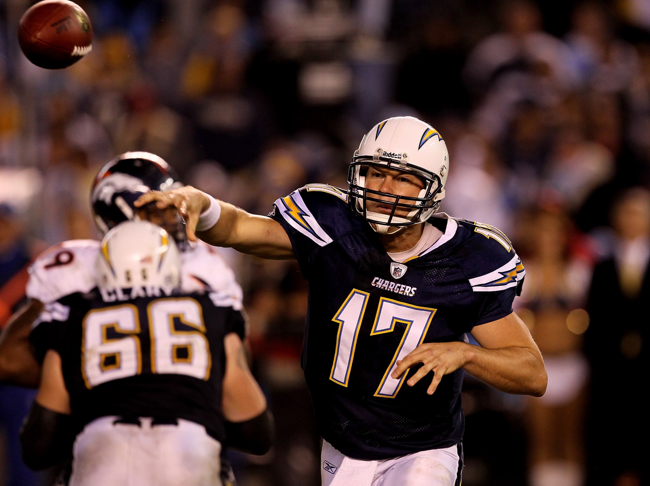 SAN DIEGO - NOVEMBER 22:  Quarterback Philip Rivers #17 of the San Diego Chargers throws a pass against the Denver Broncos at Qualcomm Stadium on November 22, 2010 in San Diego, California. The Chargers won 35-14.  (Photo by Stephen Dunn/Getty Images)