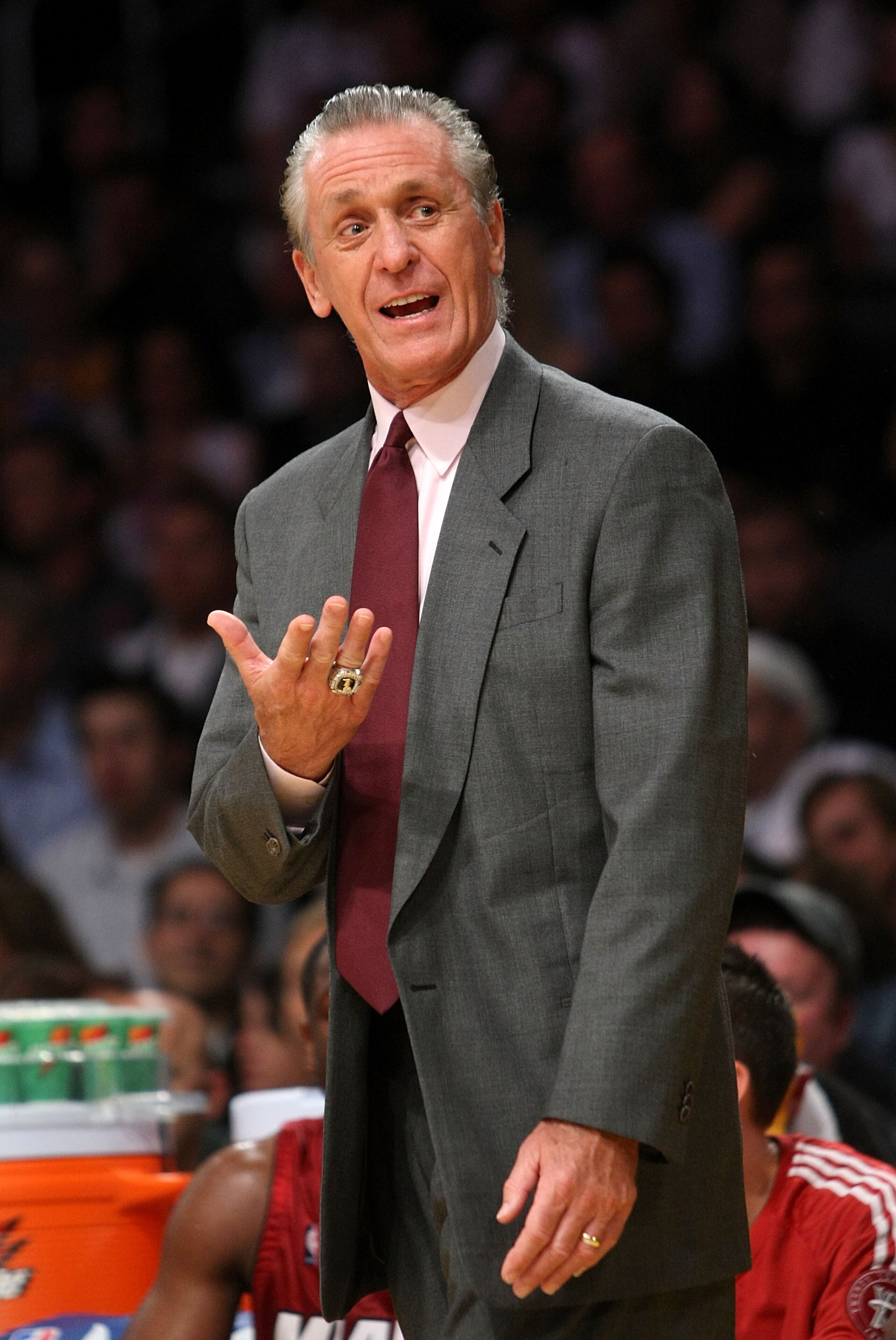 LOS ANGELES, CA - FEBRUARY 28: Head coach Pat Riley of the Miami Heat gestures during the game with the Los Angeles Lakers on February 28, 2008 at Staples Center in Los Angeles, California. The Lakers won 106-88. NOTE TO USER: User expressly acknowledge LOS ANGELES, CA - FEBRUARY 28: Head coach Pat Riley of the Miami Heat gestures during the game with the Los Angeles Lakers on February 28, 2008 at Staples Center in Los Angeles, California. The Lakers won 106-88. NOTE TO USER: User expressly acknowledge