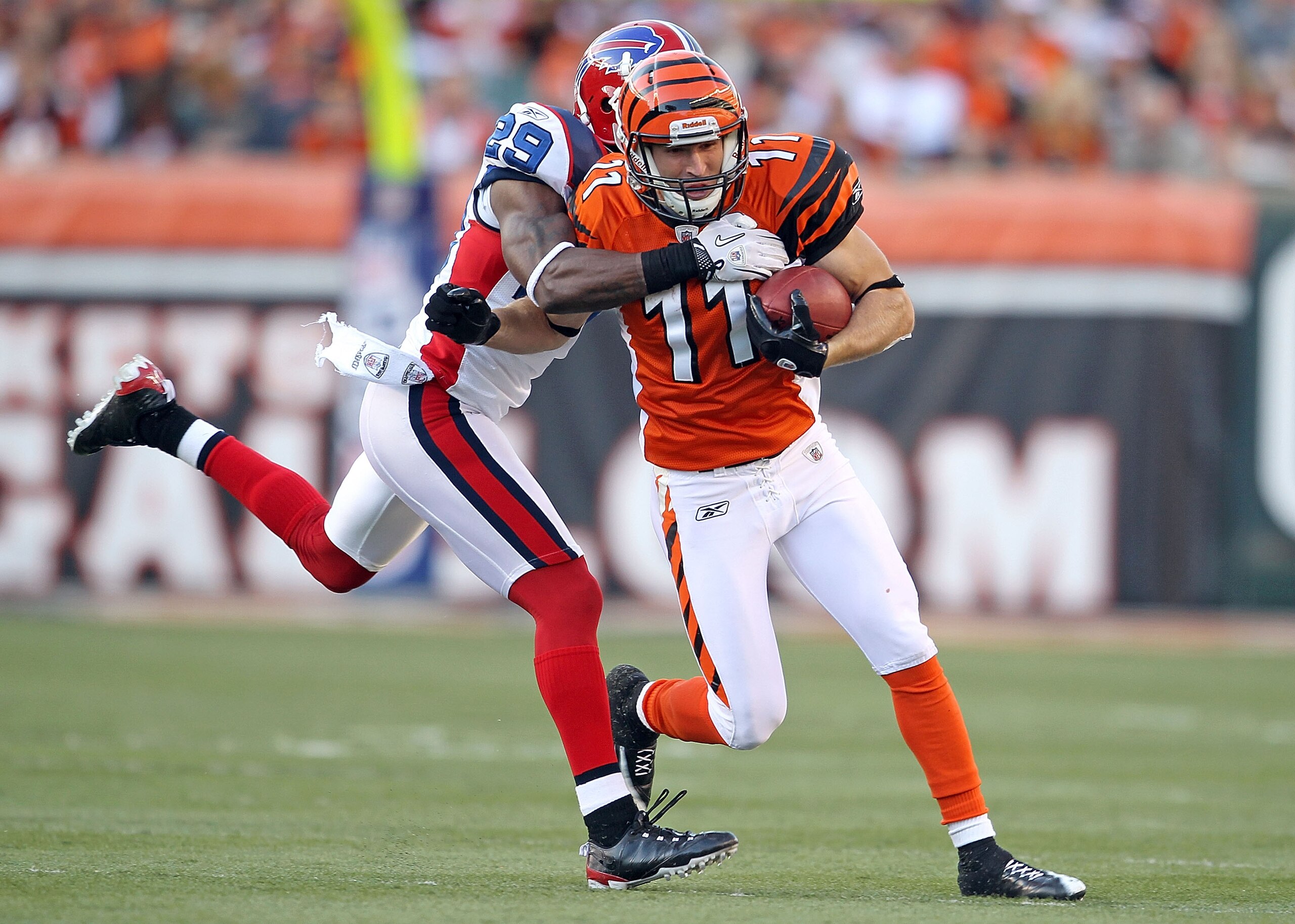 CINCINNATI - NOVEMBER 21: Jordan Shipley #11 of the Cincinnati Bengals is tackled by Drayton Florence #29 of the Buffalo Bills during the NFL game  at Paul Brown Stadium on November 21, 2010 in Cincinnati, Ohio.  The Bills won 49-31.(Photo by Andy Lyons/G