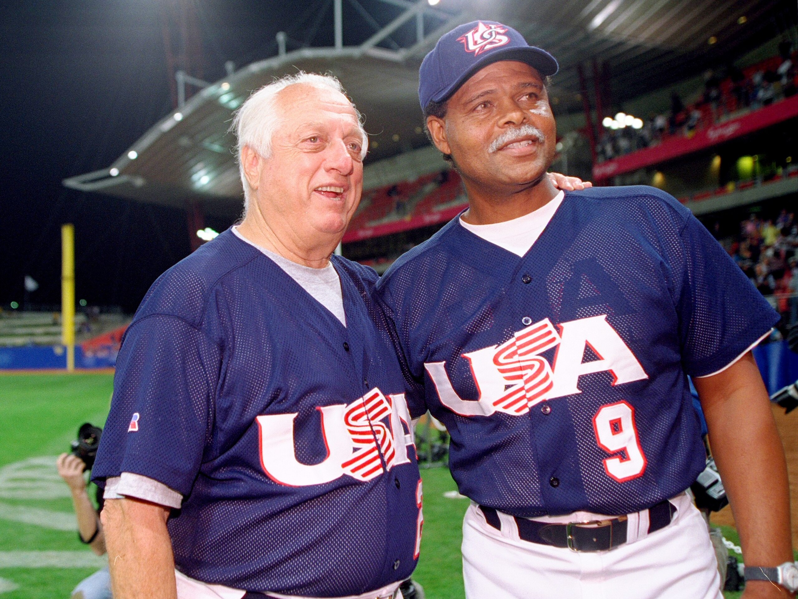 27 Sep 2000:  USA coachs Tommy Lasorda and Reggie Smith celebrate gold after victory in the Baseball Final against Cuba at the Baseball Stadium in the Olympic Park on Day 12 of the Sydney 2000 Olympic Games in Sydney, Australia. \ Mandatory Credit: JamieS