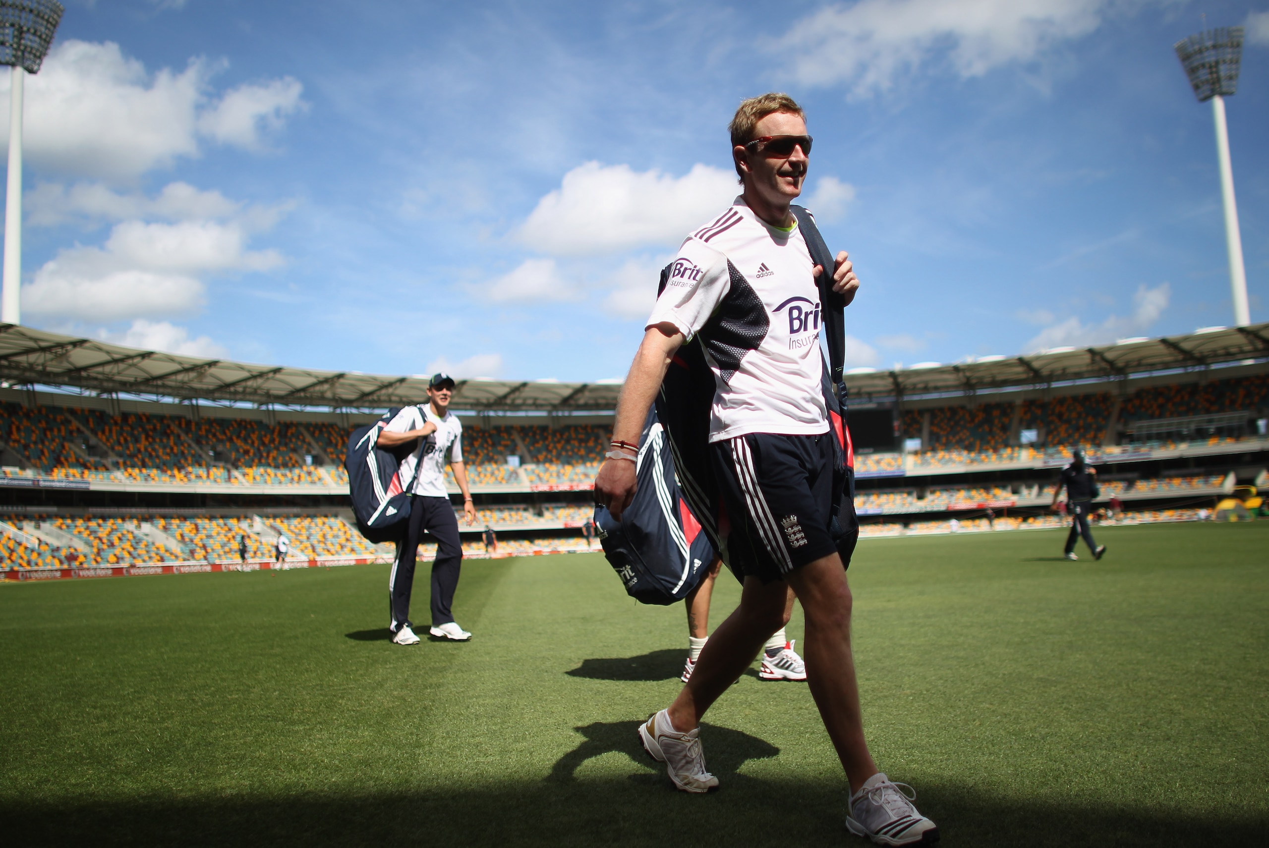 BRISBANE, AUSTRALIA - NOVEMBER 23:  Paul Collingwood of England puts on his helmet during England nets session ahead of the first Ashes test at The Gabba on November 23, 2010 in Brisbane, Australia.  (Photo by Tom Shaw/Getty Images)