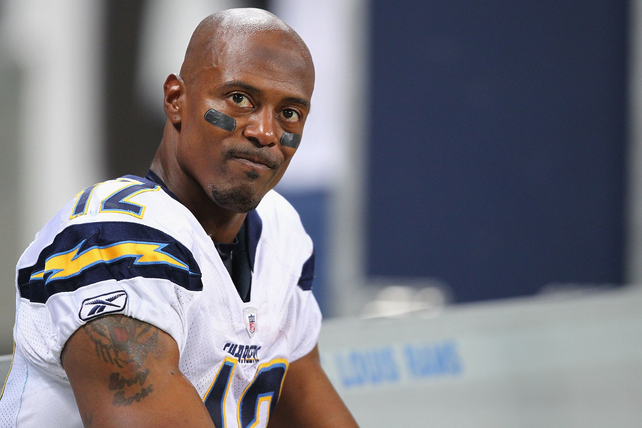 ST. LOUIS - OCTOBER 17: Patrick Crayton #12 of the San Diego Chargers sits on the bench during the waning seconds of a loss against the St. Louis Rams at the Edward Jones Dome on October 17, 2010 in St. Louis, Missouri.  The Rams beat the Chargers 20-17.