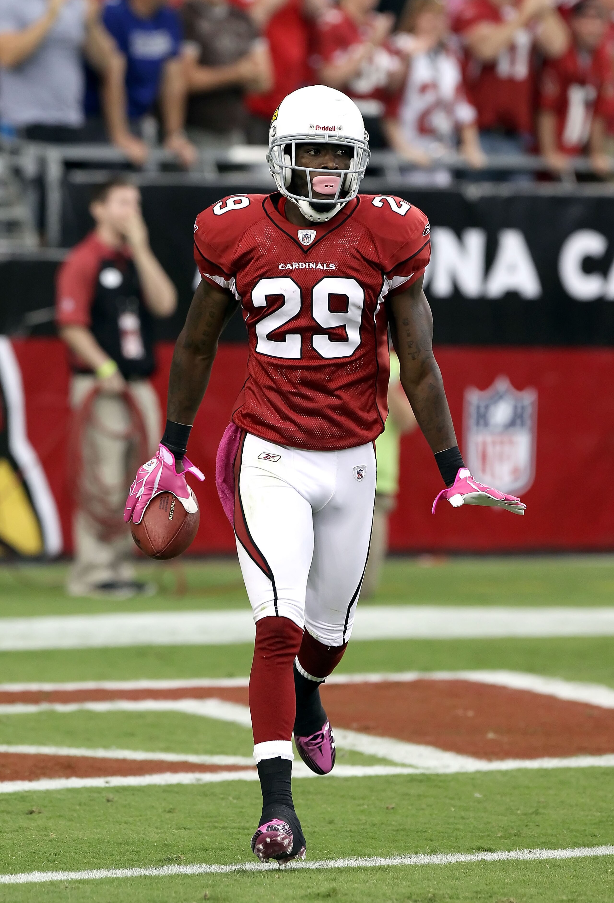 GLENDALE, AZ - OCTOBER 10:  Cornerback Dominique Rodgers-Cromartie #29 of the Arizona Cardinals celebrates after scoring a touchdown on an interception during the fourth quarter of the NFL game against the New Orleans Saints at the University of Phoenix S