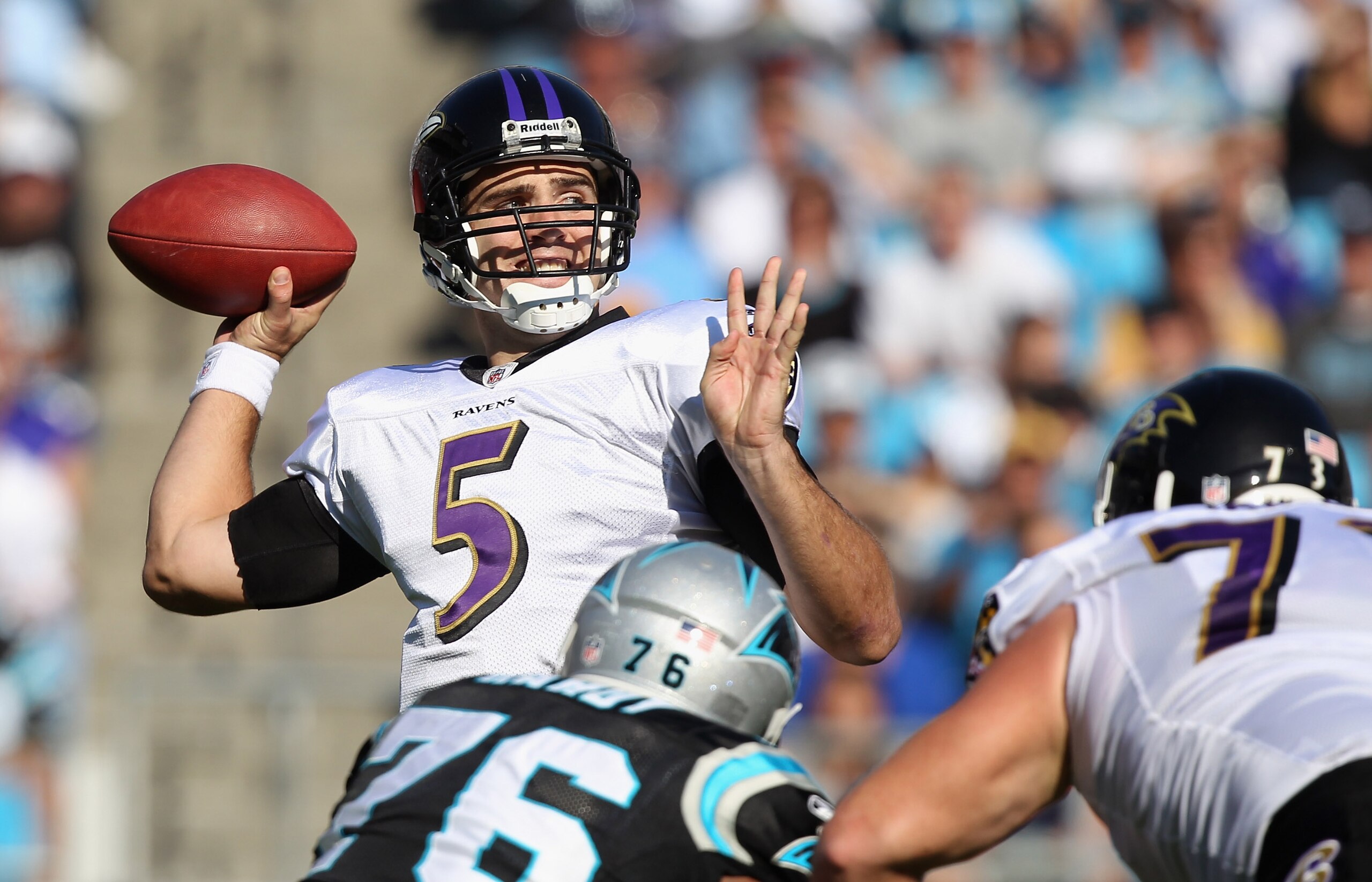 CHARLOTTE, NC - NOVEMBER 21:  Joe Flacco #5 of the Baltimore Ravens drops back to pass against the Carolina Panthers at Bank of America Stadium on November 21, 2010 in Charlotte, North Carolina.  (Photo by Streeter Lecka/Getty Images)