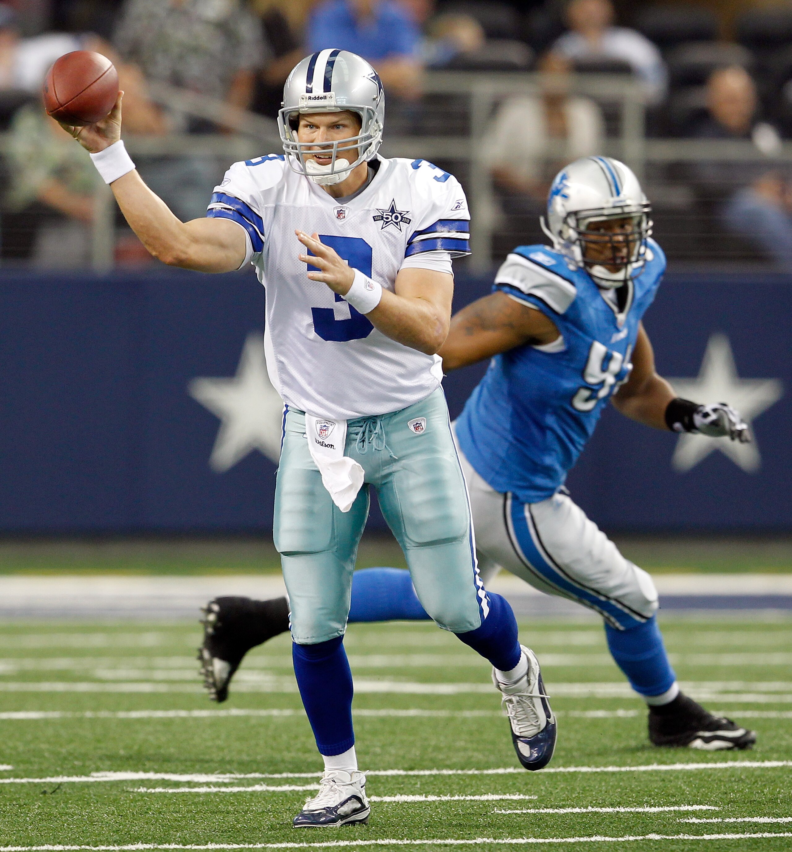 ARLINGTON, TX - NOVEMBER 21:  Quarterback Jon Kitna #3 of the Dallas Cowboys looks for an open receiver against the Detroit Lions at Cowboys Stadium on November 21, 2010 in Arlington, Texas.  The Cowboys beat the Lions 35-19.  (Photo by Tom Pennington/Get