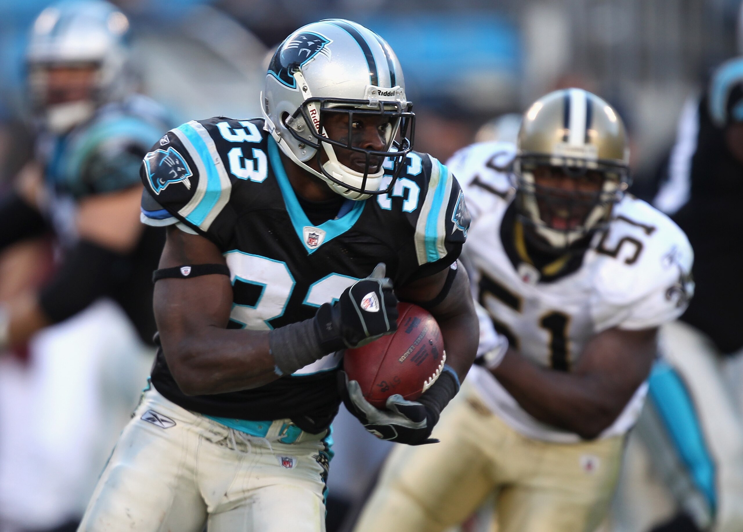 CHARLOTTE, NC - NOVEMBER 07:  Mike Goodson #33 of the Carolina Panthers against the New Orleans Saints during their game at Bank of America Stadium on November 7, 2010 in Charlotte, North Carolina.  (Photo by Streeter Lecka/Getty Images)