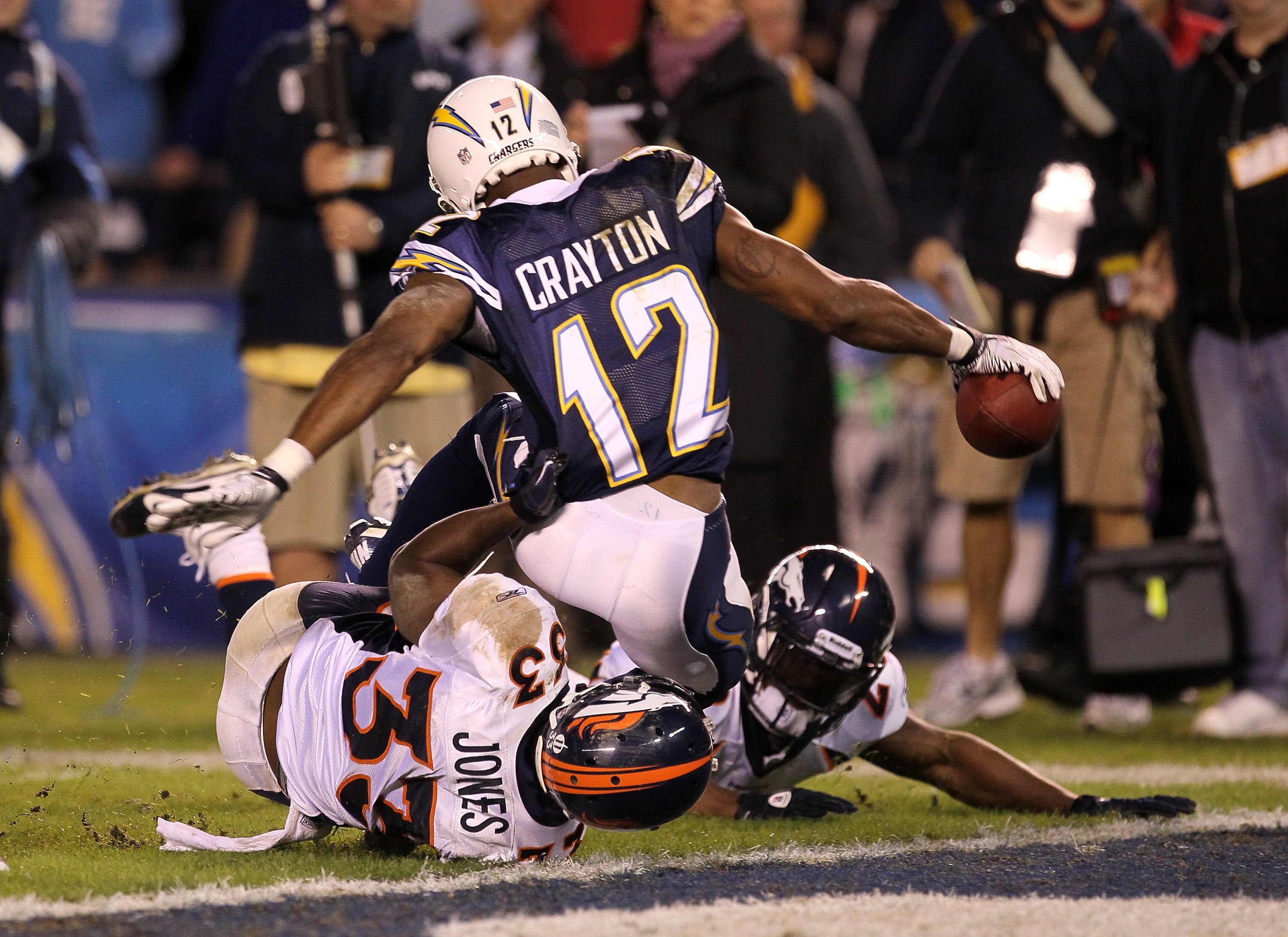 SAN DIEGO - NOVEMBER 22:  Wide receiver Patrick Crayton #12 of the San Diego Chargers reaches the ball over the goal line as he is tackled by cornerback Nate Jones #33 of the Denver Broncos to finish a 40 yard pass play and run for a touchdown at Qualcomm
