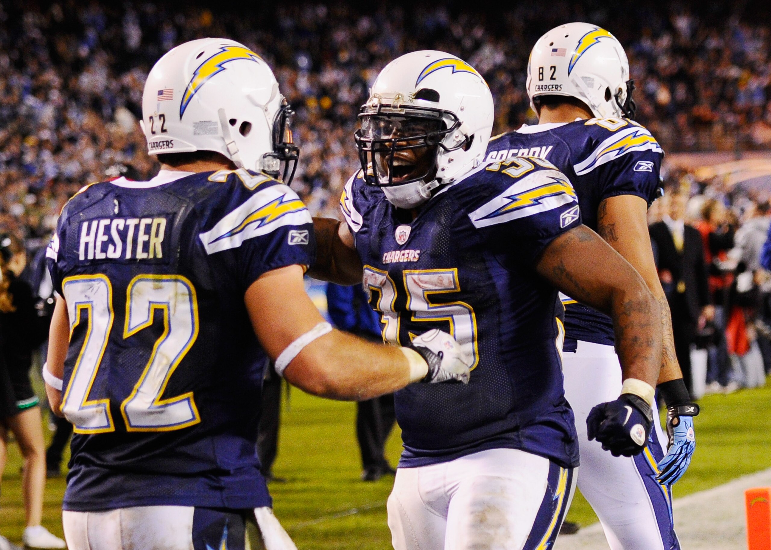 SAN DIEGO - NOVEMBER 22:  Mike Tolbert #35 congratulates Jacob Hester #22 of the San Diego Chargers after scoring a touchdown against the Denver Broncos at Qualcomm Stadium on November 22, 2010 in San Diego, California.  Chargers defeated the Broncos, 35-