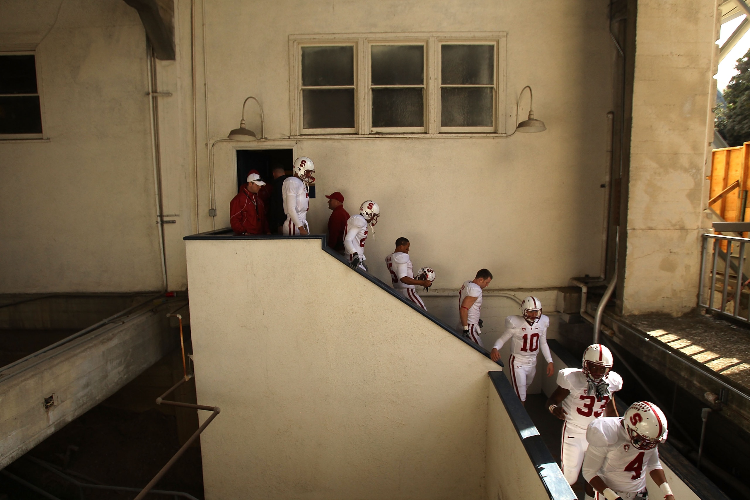 BERKELEY, CA - NOVEMBER 20:  Players for the Stanford Cardinal walk out of the lockerroom for practice before their game against the California Golden Bears at California Memorial Stadium on November 20, 2010 in Berkeley, California.  (Photo by Ezra Shaw/