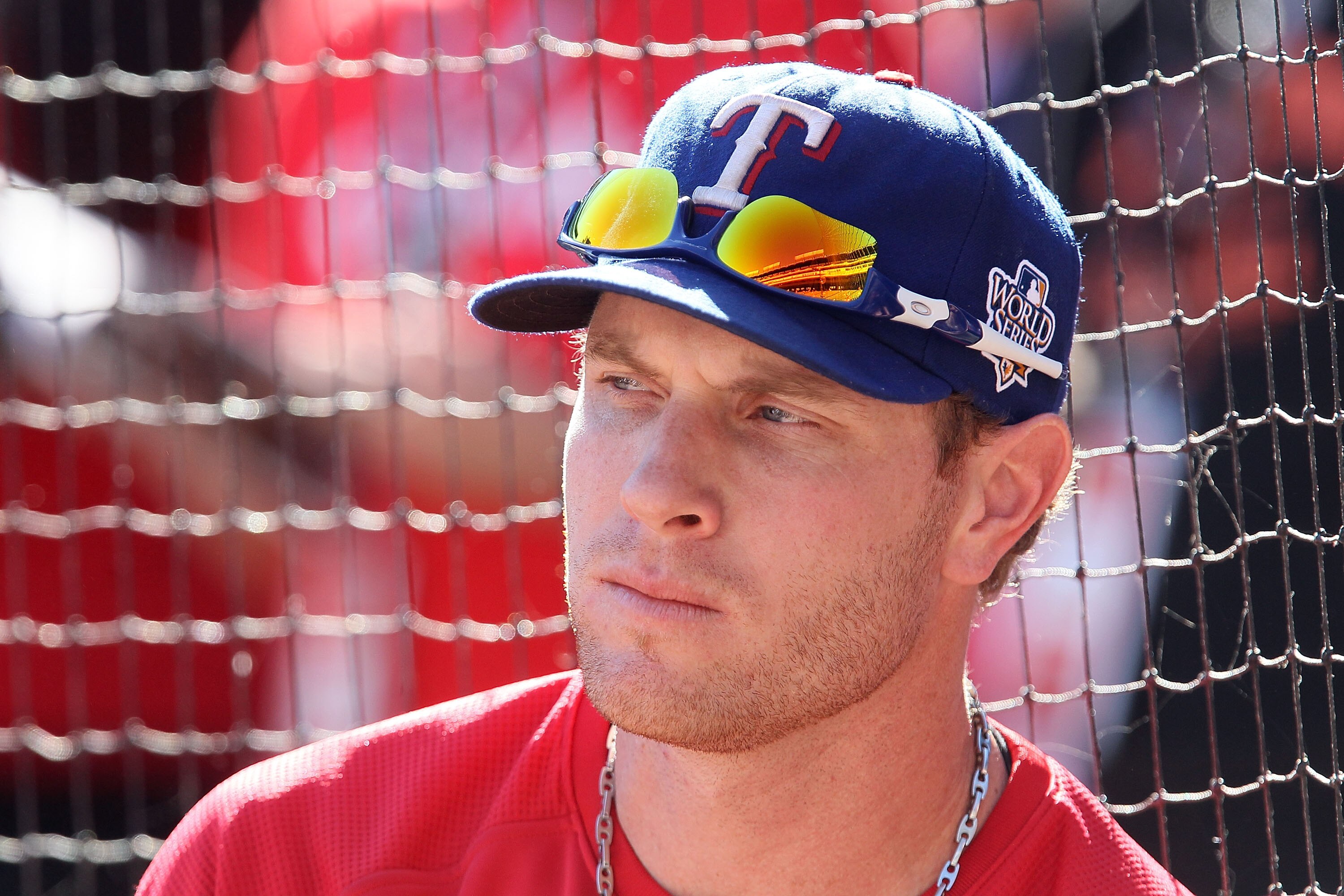 ARLINGTON, TX - OCTOBER 30: Josh Hamilton #32 of the Texas Rangers looks on during batting practice against the San Francisco Giants in Game Three of the 2010 MLB World Series at Rangers Ballpark in Arlington on October 30, 2010 in Arlington, Texas. (Ph ARLINGTON, TX - OCTOBER 30: Josh Hamilton #32 of the Texas Rangers looks on during batting practice against the San Francisco Giants in Game Three of the 2010 MLB World Series at Rangers Ballpark in Arlington on October 30, 2010 in Arlington, Texas. (Ph