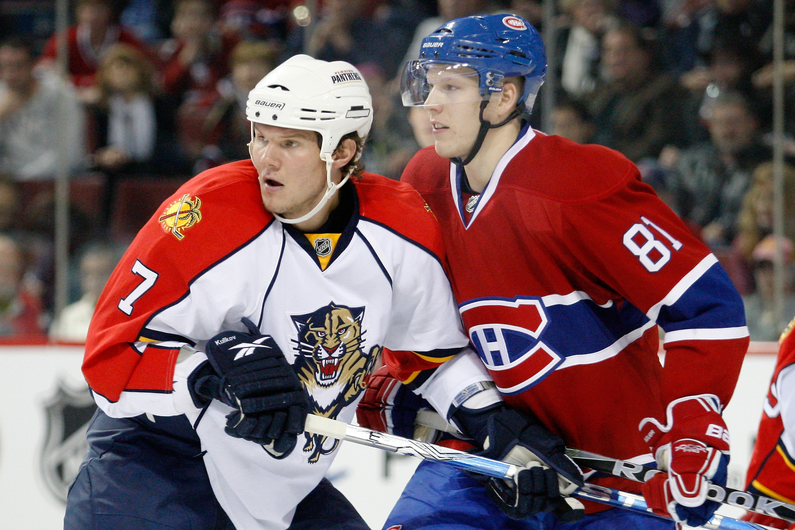 MONTREAL- OCTOBER 30: Dmitry Kulikov #7 of the Florida Panthers defends against Lars Eller #81 of the Montreal Canadiens during the NHL game at the Bell Centre on October 30, 2010 in Montreal, Quebec, Canada. The Panthers defeated the Canadiens 3-1. (P MONTREAL- OCTOBER 30: Dmitry Kulikov #7 of the Florida Panthers defends against Lars Eller #81 of the Montreal Canadiens during the NHL game at the Bell Centre on October 30, 2010 in Montreal, Quebec, Canada. The Panthers defeated the Canadiens 3-1. (P