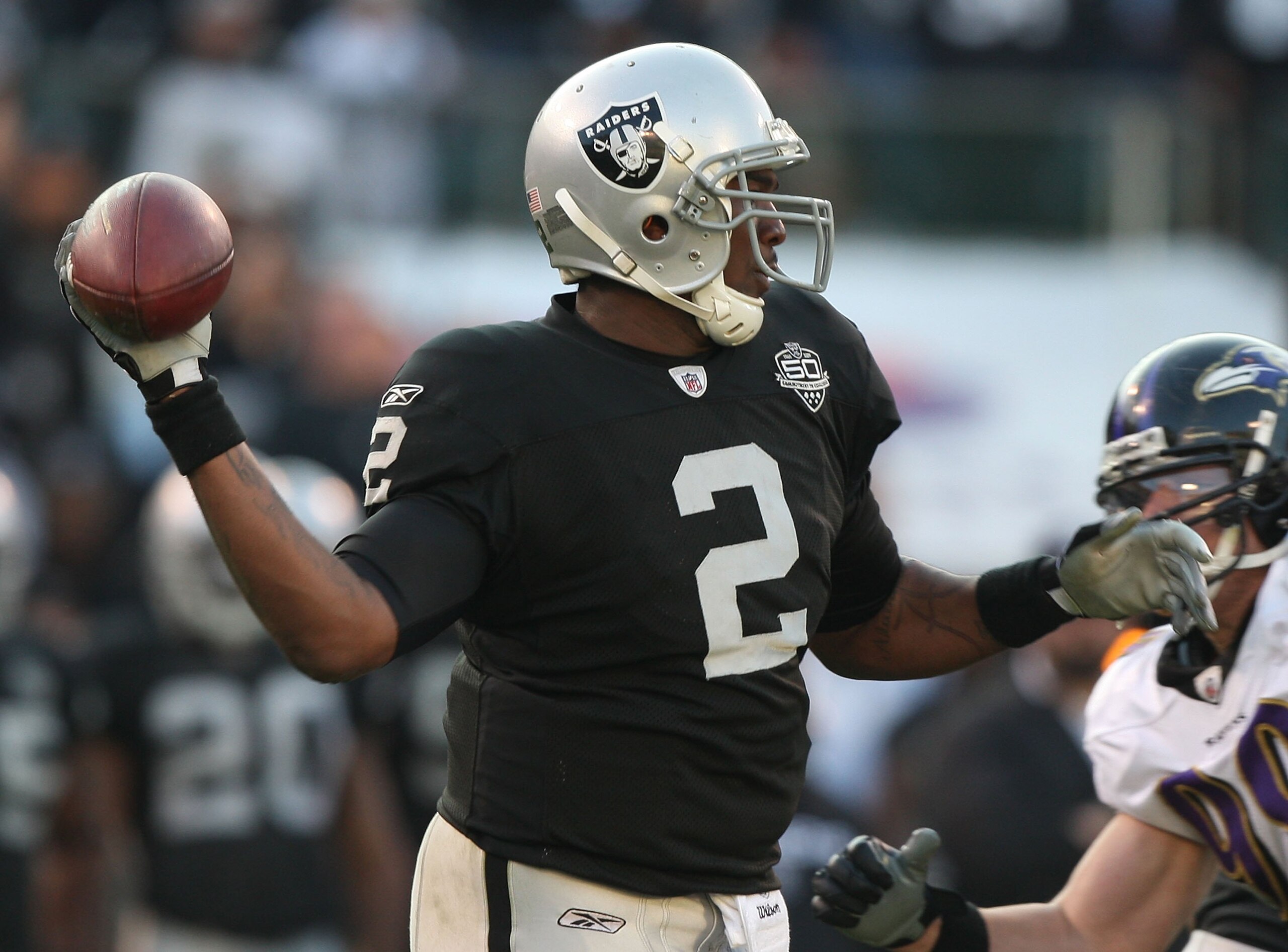 OAKLAND, CA - JANUARY 03: JaMarcus Russell #2 of the Oakland Raiders in action against the Baltimore Ravens during an NFL game at Oakland-Alameda County Coliseum on January 3, 2010 in Oakland, California. (Photo by Jed Jacobsohn/Getty Images) OAKLAND, CA - JANUARY 03: JaMarcus Russell #2 of the Oakland Raiders in action against the Baltimore Ravens during an NFL game at Oakland-Alameda County Coliseum on January 3, 2010 in Oakland, California. (Photo by Jed Jacobsohn/Getty Images)