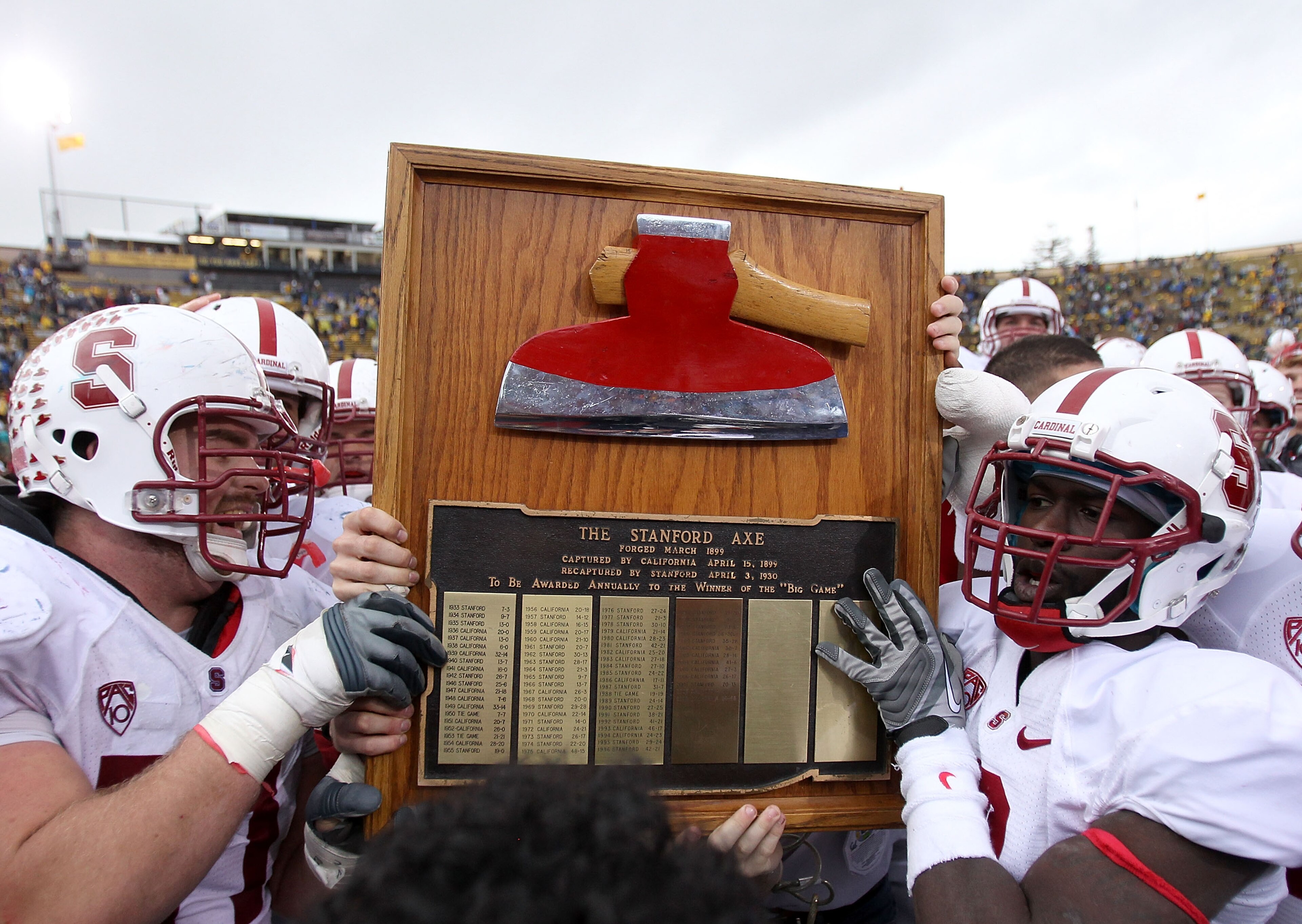 BERKELEY, CA - NOVEMBER 20:  The Stanford Cardinal celebrate with 'The Axe' after beating the California Golden Bears at California Memorial Stadium on November 20, 2010 in Berkeley, California.  (Photo by Ezra Shaw/Getty Images)