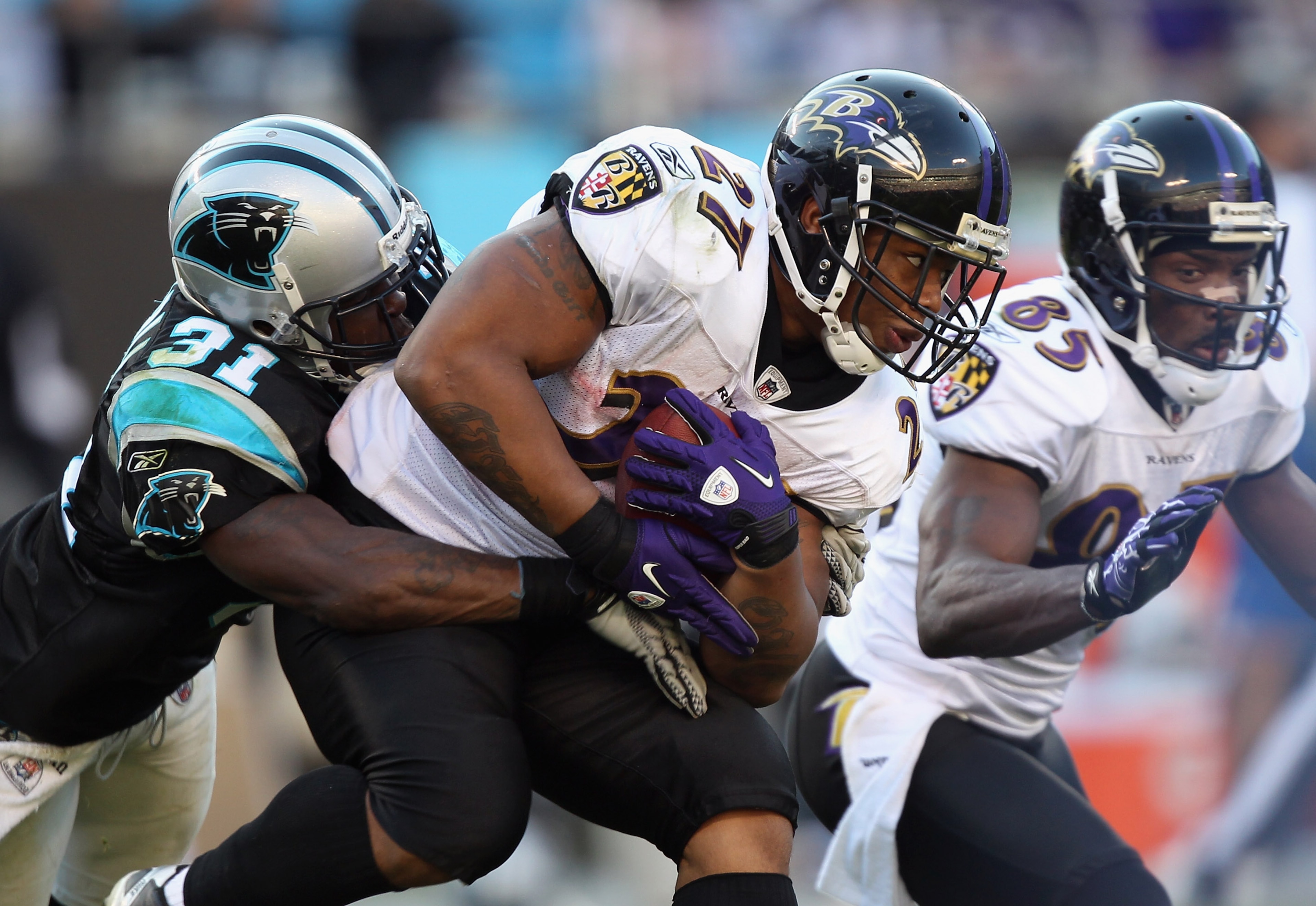 CHARLOTTE, NC - NOVEMBER 21:  Ray Rice #27 of the Baltimore Ravens is tackled by Richard Marshall #31 of the Carolina Panthers at Bank of America Stadium on November 21, 2010 in Charlotte, North Carolina.  (Photo by Streeter Lecka/Getty Images)
