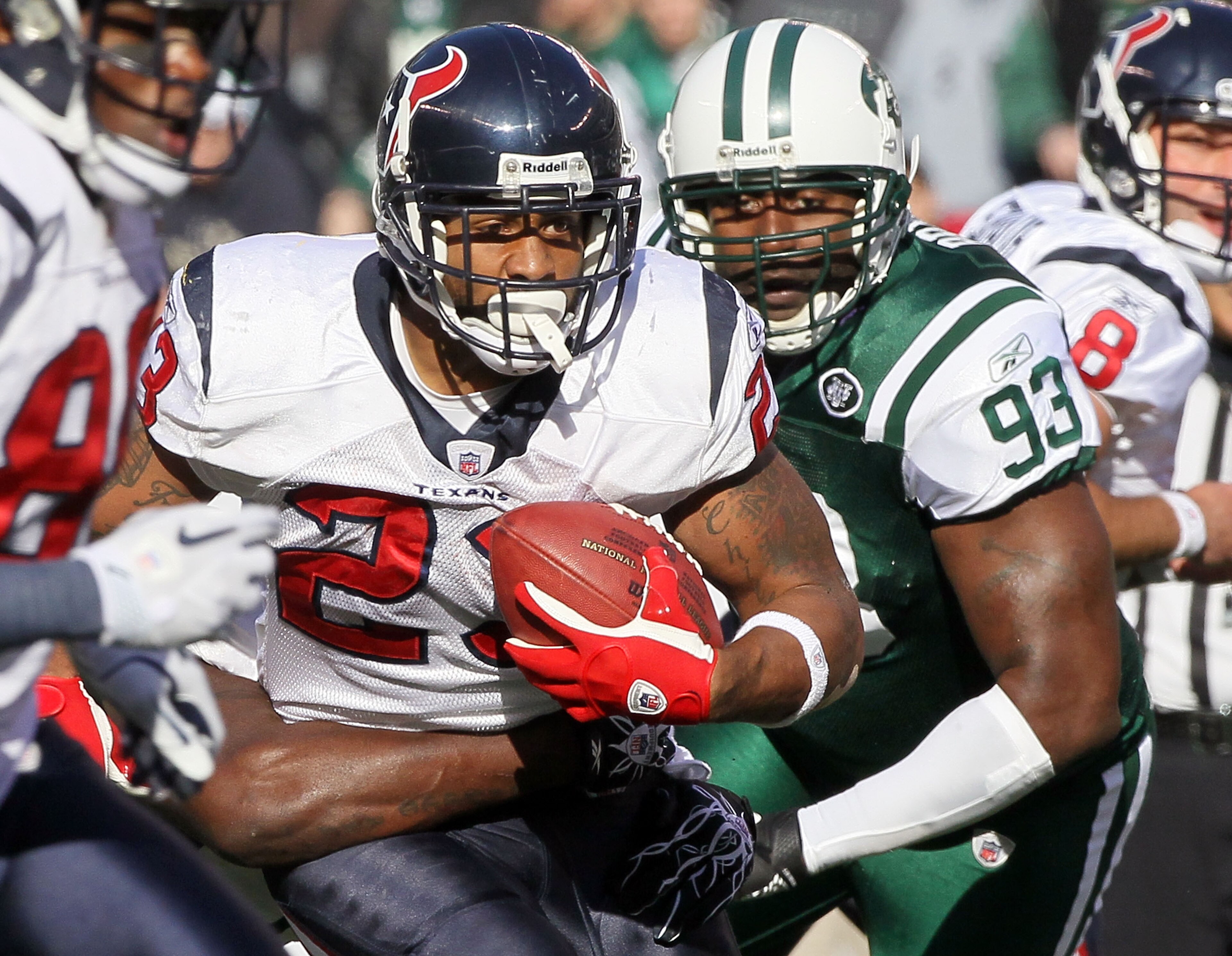 EAST RUTHERFORD, NJ - NOVEMBER 21:  Arian Foster #23 of the Houston Texans runs the ball against Trevor Pryce #93 of the New York Jets on November 21, 2010 at the New Meadowlands Stadium in East Rutherford, New Jersey.  (Photo by Jim McIsaac/Getty Images)