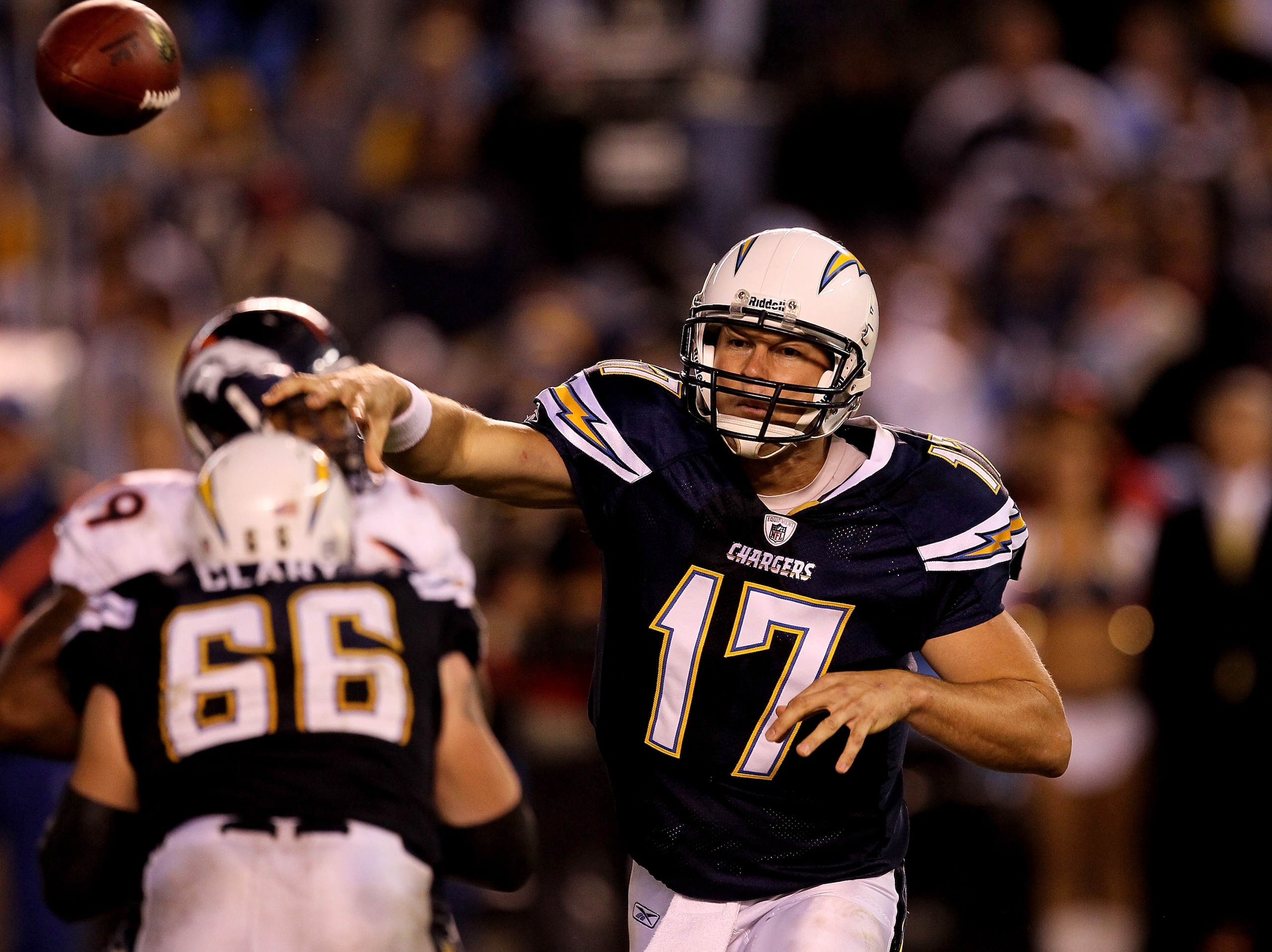 SAN DIEGO - NOVEMBER 22: Quarterback Philip Rivers #17 of the San Diego Chargers throws a pass against the Denver Broncos at Qualcomm Stadium on November 22, 2010 in San Diego, California. The Chargers won 35-14. (Photo by Stephen Dunn/Getty Images) SAN DIEGO - NOVEMBER 22: Quarterback Philip Rivers #17 of the San Diego Chargers throws a pass against the Denver Broncos at Qualcomm Stadium on November 22, 2010 in San Diego, California. The Chargers won 35-14. (Photo by Stephen Dunn/Getty Images)