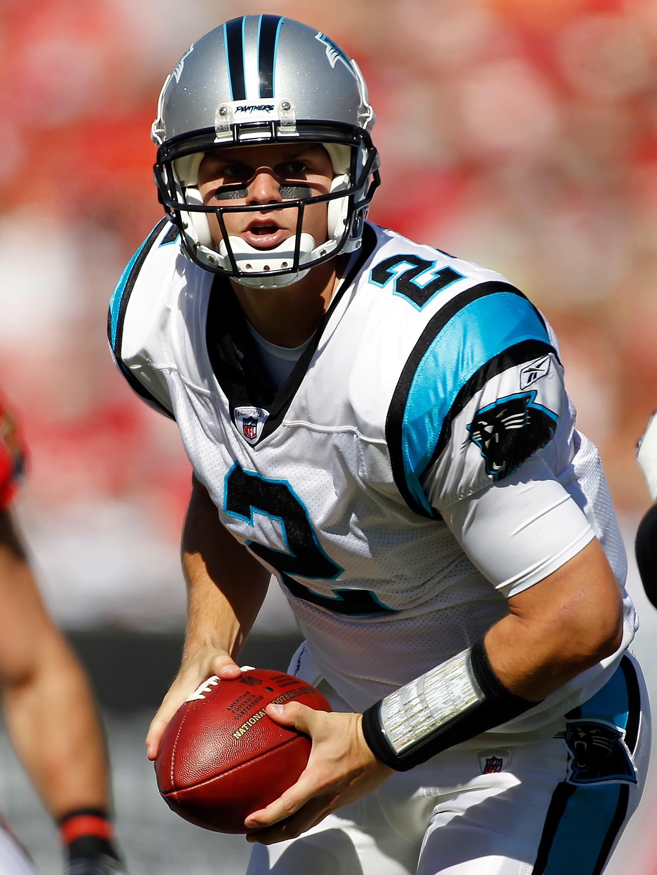 TAMPA, FL - NOVEMBER 14:  Quarterback Jimmy Clausen #2 of the Carolina Panthers looks to hand the ball off against the Tampa Bay Buccaneers during the game at Raymond James Stadium on November 14, 2010 in Tampa, Florida.  (Photo by J. Meric/Getty Images)