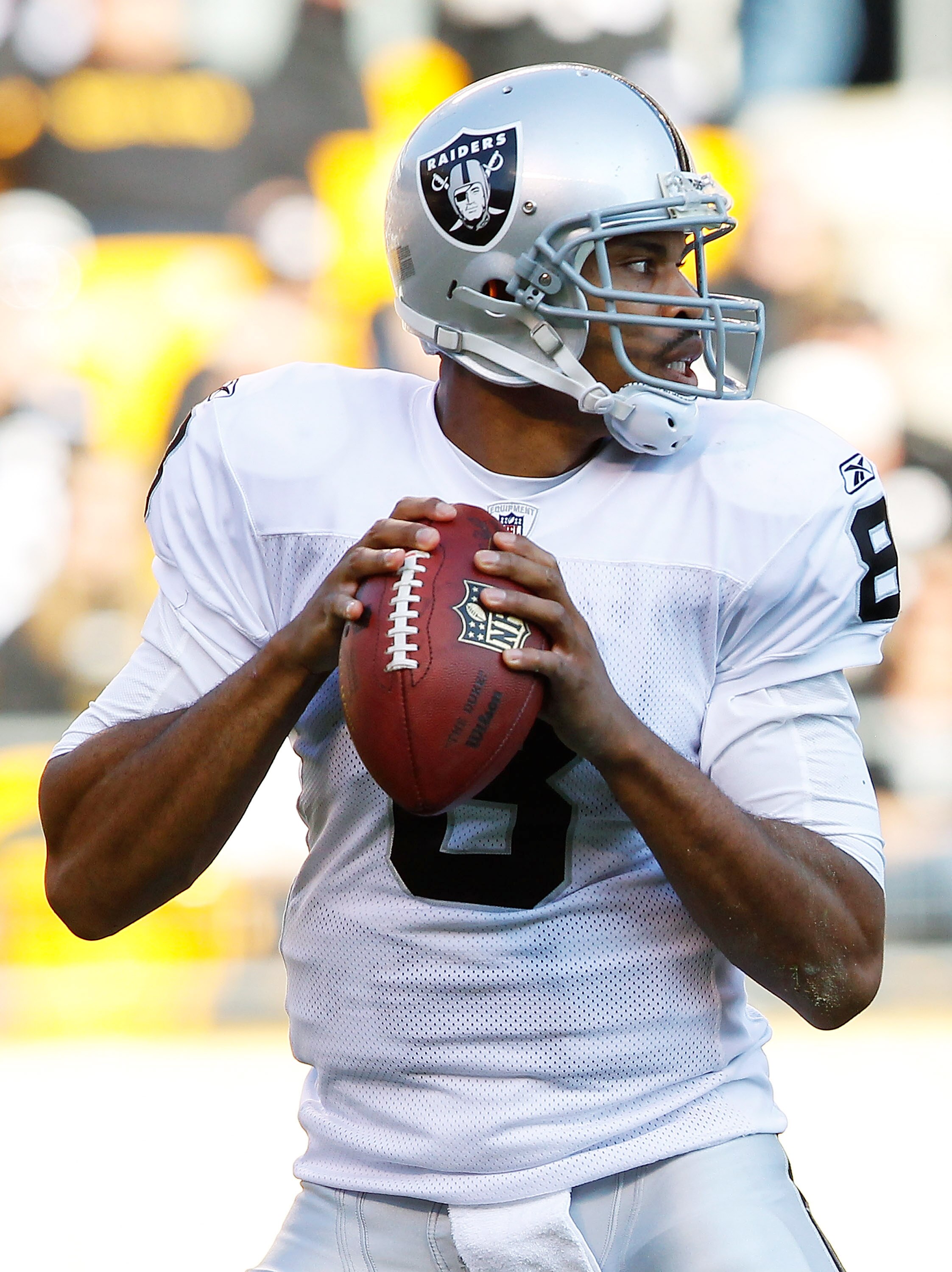 PITTSBURGH - NOVEMBER 21:  Jason Campbell #8 of the Oakland Raiders drops back to pass against the Pittsburgh Steelers during the game on November 21, 2010 at Heinz Field in Pittsburgh, Pennsylvania.  (Photo by Jared Wickerham/Getty Images)
