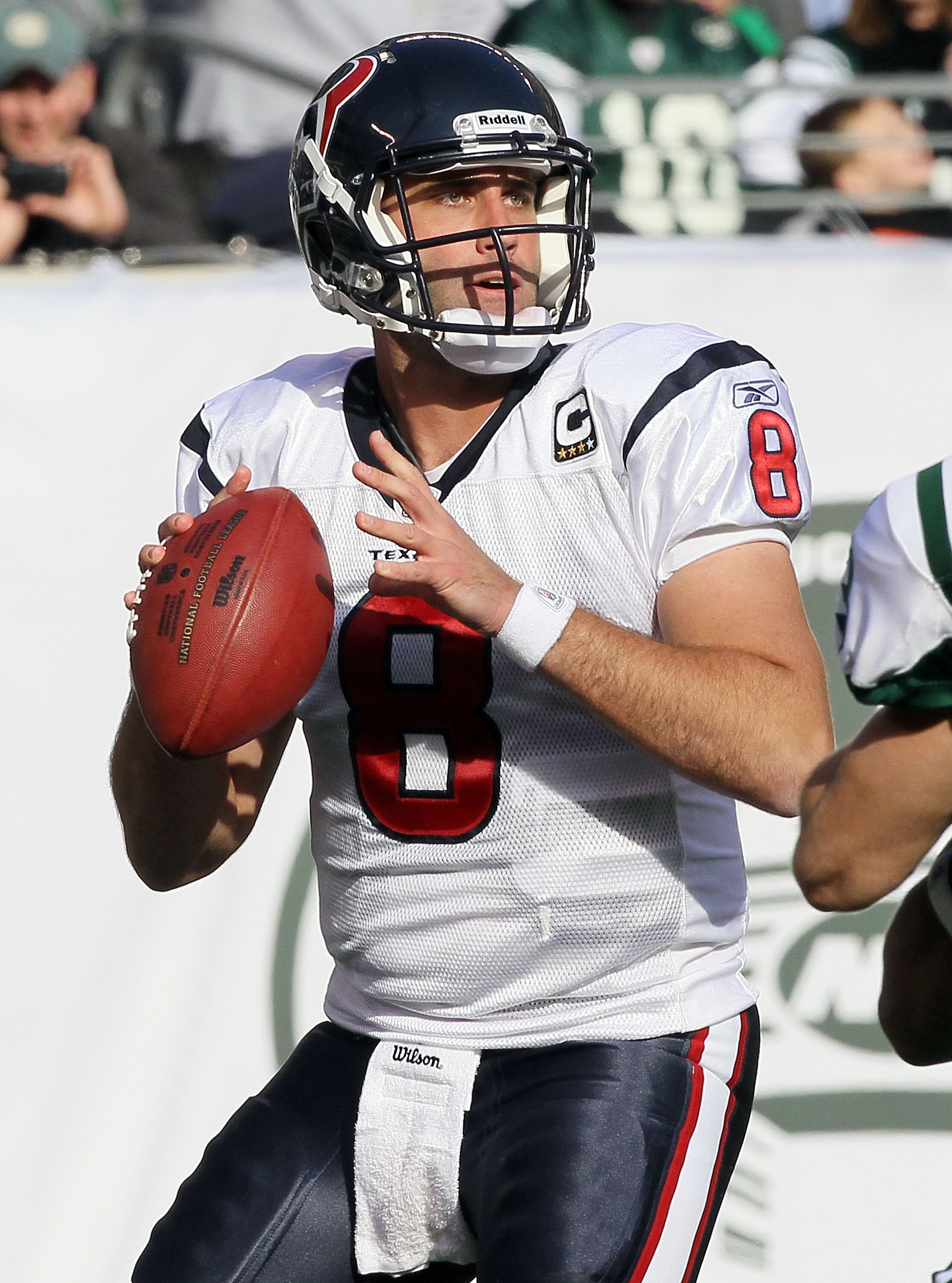 EAST RUTHERFORD, NJ - NOVEMBER 21:  Matt Schaub #8 of the Houston Texans looks to throw a pass against the New York Jets on November 21, 2010 at the New Meadowlands Stadium in East Rutherford, New Jersey.  (Photo by Jim McIsaac/Getty Images)