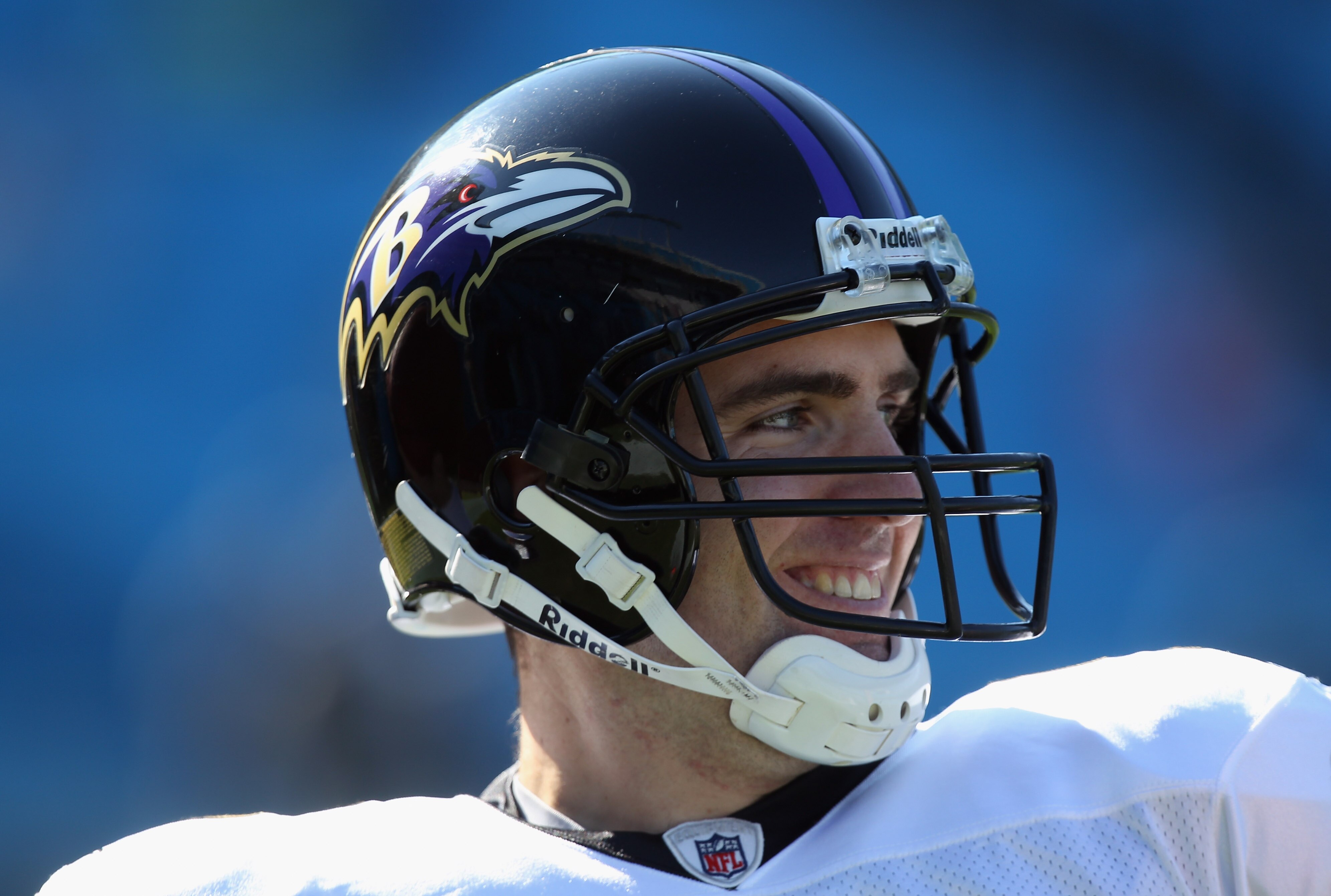 CHARLOTTE, NC - NOVEMBER 21:  Joe Flacco #5 of the Baltimore Ravens smiles against the Carolina Panthers at Bank of America Stadium on November 21, 2010 in Charlotte, North Carolina.  (Photo by Streeter Lecka/Getty Images)