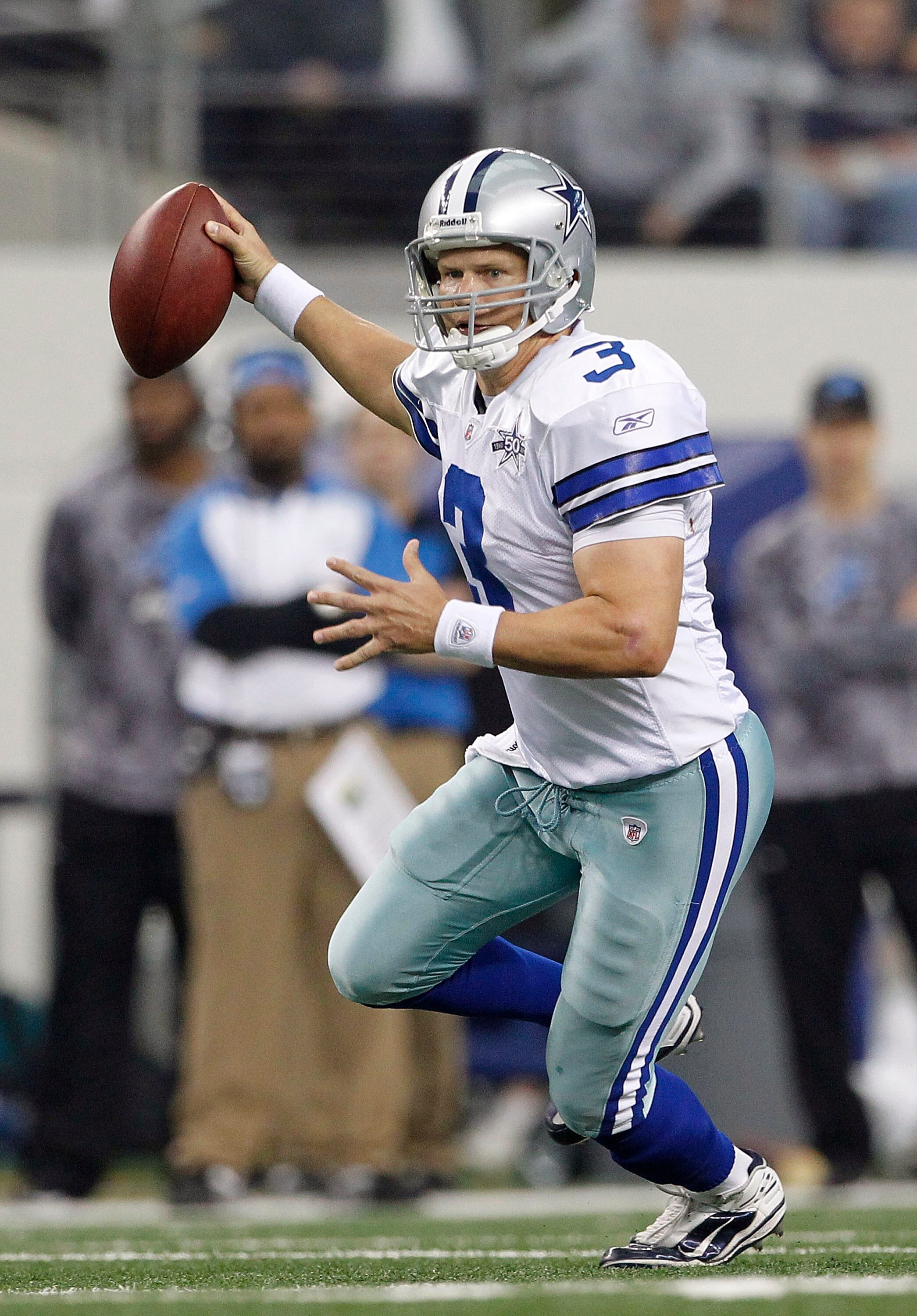 ARLINGTON, TX - NOVEMBER 21:  Jon Kitna #3 of the Dallas Cowboys runs for a first down during the third quarter during the game at Dallas Stadium on November 21, 2010 in Arlington, Texas. The Cowboys defeated the Lions 35-19.  (Photo by Leon Halip/Getty I