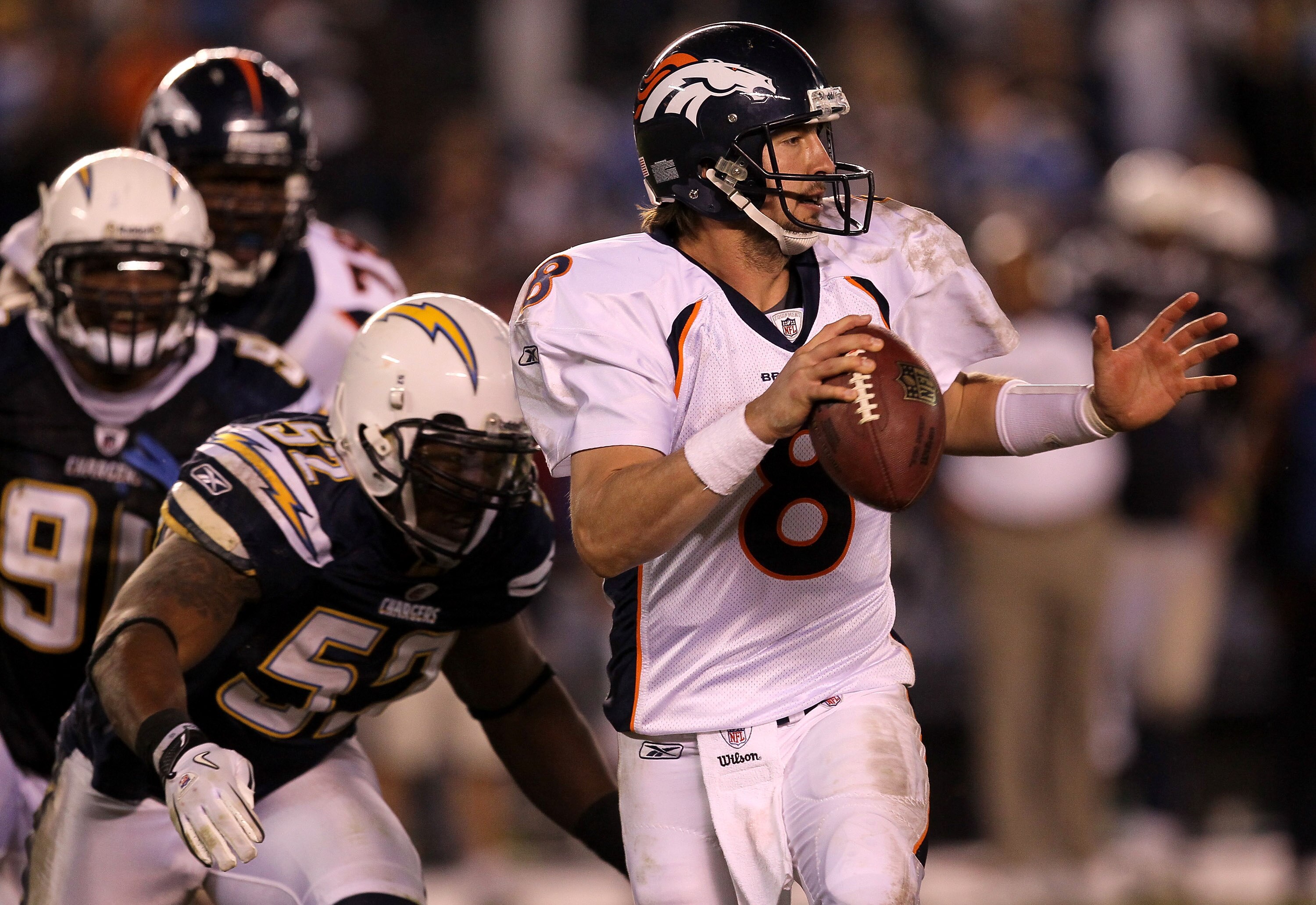SAN DIEGO - NOVEMBER 22:  Quarterback Kyle Orton #8 of the Denver Broncos is sacked by linebacker Larry English #52 of the San Diego Chargers at Qualcomm Stadium on November 22, 2010 in San Diego, California.  (Photo by Stephen Dunn/Getty Images)