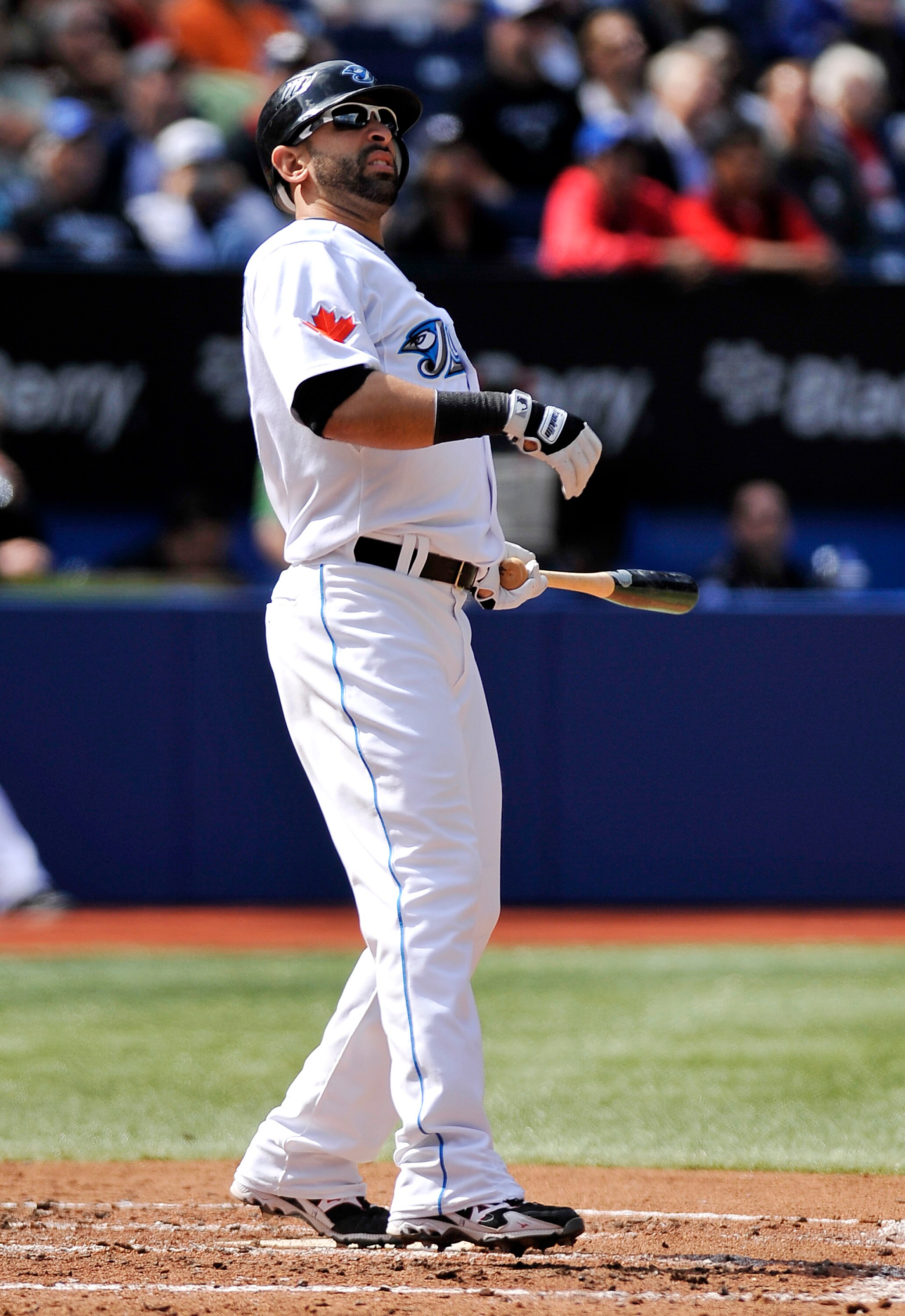 TORONTO - SEPTEMBER 23: Jose Bautista #19 of the Toronto Blue Jays watches his foul ball during the game against the Seattle Mariners on September 23, 2010 at Rogers Centre in Toronto, Ontario, Canada. The Blue Jays defeated the Mariners 1-0. (Photo by TORONTO - SEPTEMBER 23: Jose Bautista #19 of the Toronto Blue Jays watches his foul ball during the game against the Seattle Mariners on September 23, 2010 at Rogers Centre in Toronto, Ontario, Canada. The Blue Jays defeated the Mariners 1-0. (Photo by