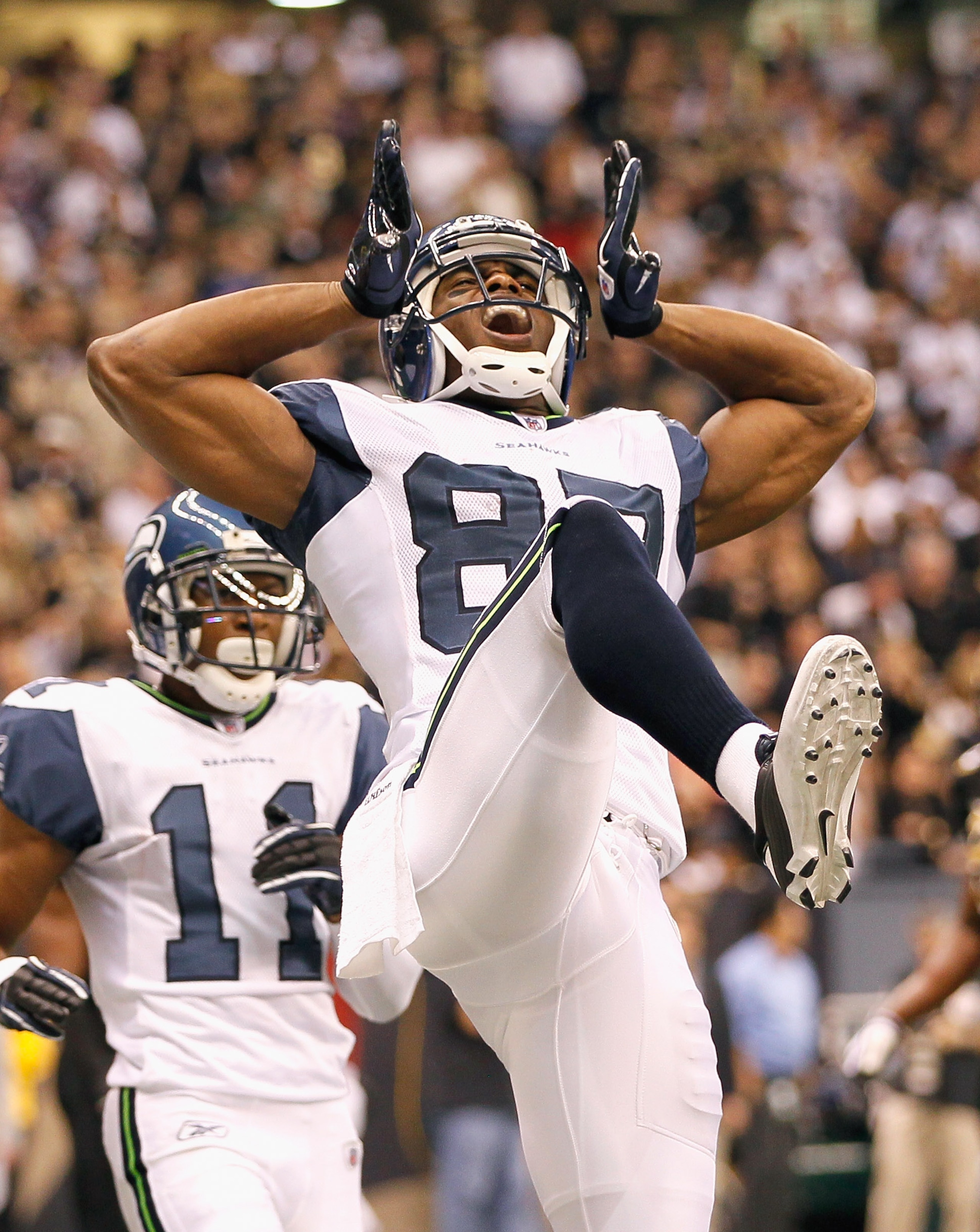 NEW ORLEANS - NOVEMBER 21:  Ben Obomanu #87 of the Seattle Seahawks reacts after scoring a touchdown against the New Orleans Saints at Louisiana Superdome on November 21, 2010 in New Orleans, Louisiana.  (Photo by Kevin C. Cox/Getty Images)