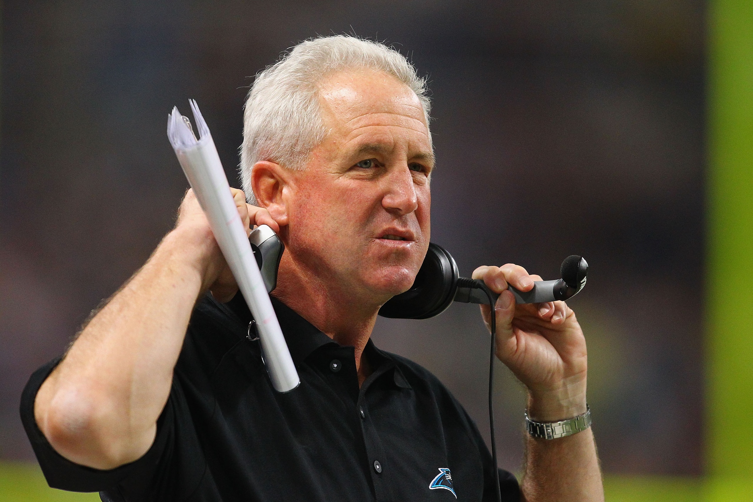 ST. LOUIS - OCTOBER 31: Head coach John Fox of the Carolina Panthers looks on from the sidelines against the St. Louis Rams at the Edward Jones Dome on October 31, 2010 in St. Louis, Missouri.  The Rams beat the Panthers 20-10.  (Photo by Dilip Vishwanat/