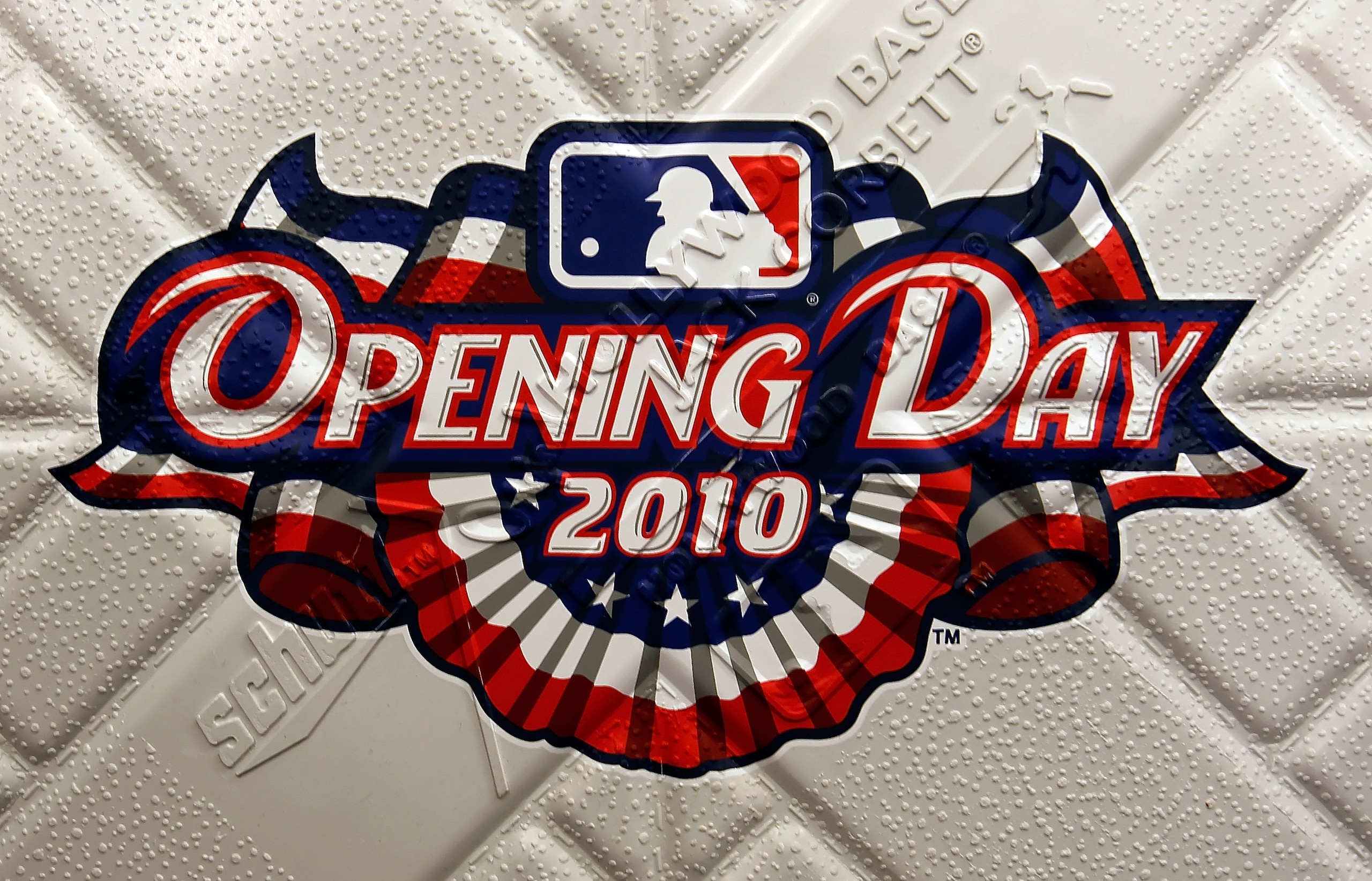 ST PETERSBURG, FL - APRIL 06:  The Opening Day logo of second base is seen just prior to the start of the home opener game between the Tampa Bay Rays and the Baltimore Orioles at Tropicana Field on April 6, 2010 in St. Petersburg, Florida.  (Photo by J. M