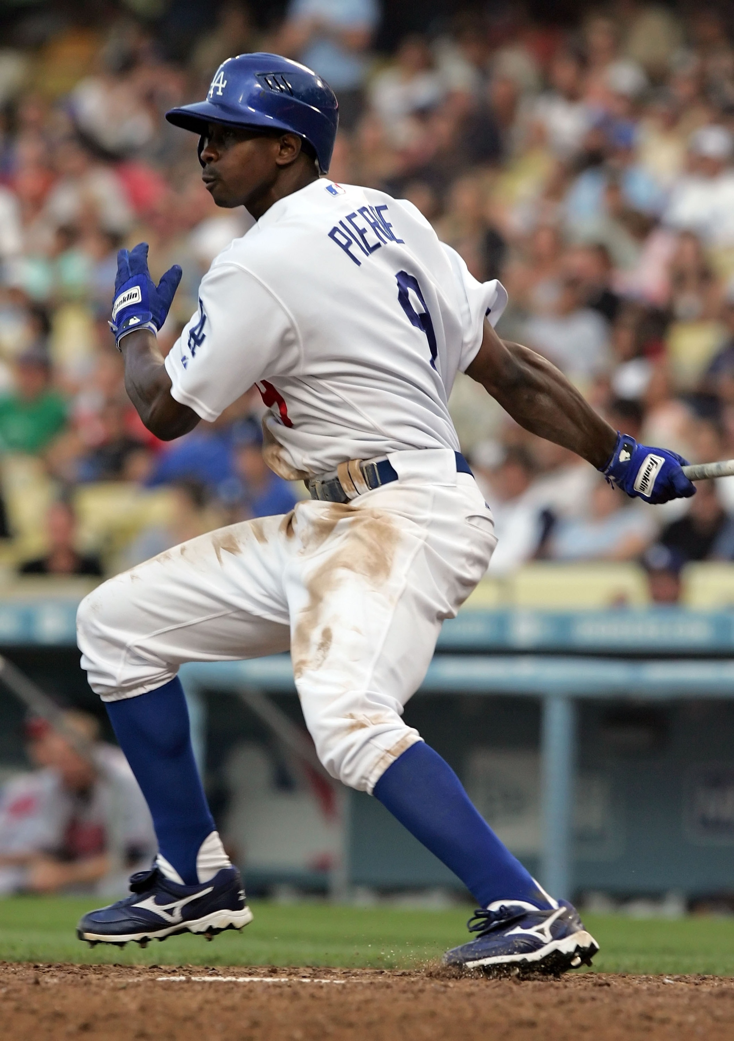 LOS ANGELES, CA - JULY 04:   Juan Pierre #9 of the Los Angeles Dodgers at bat during the game against the Atlanta Braves at Dodger Stadium on July 4, 2007 in Los Angeles, California.  The Braves defeated the Dodgers 5-2.  (Photo by Lisa Blumenfeld/Getty I