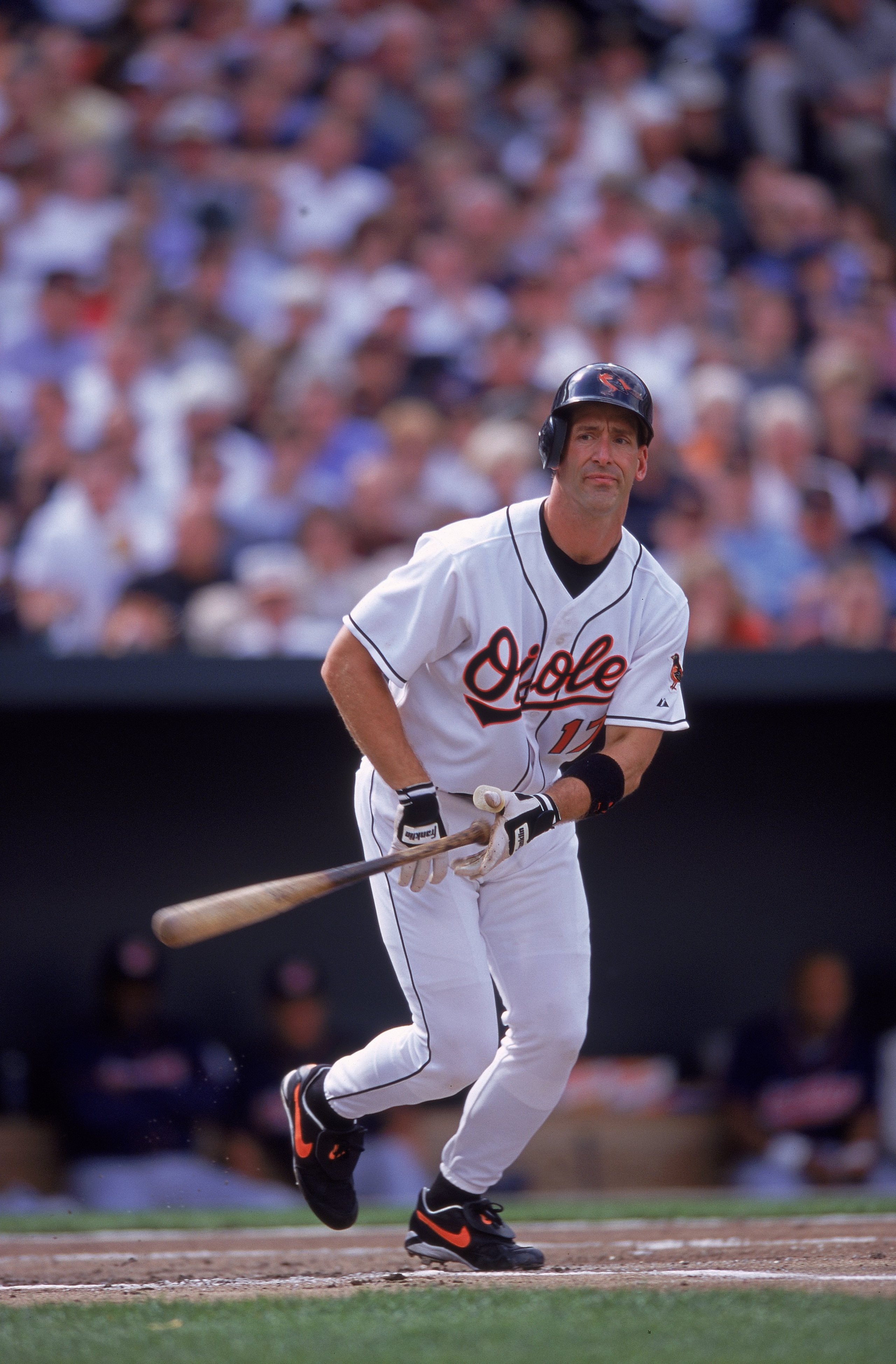 3 Apr 2000:  B.J. Surhoff #17 of the Baltimore Orioles starts to run to first base during the game against the Cleveland Indians at the Camden Yards in Baltimore, Maryland. The Indians defeated the Orioles 4-1. Mandatory Credit: Doug Pensinger  /Allsport