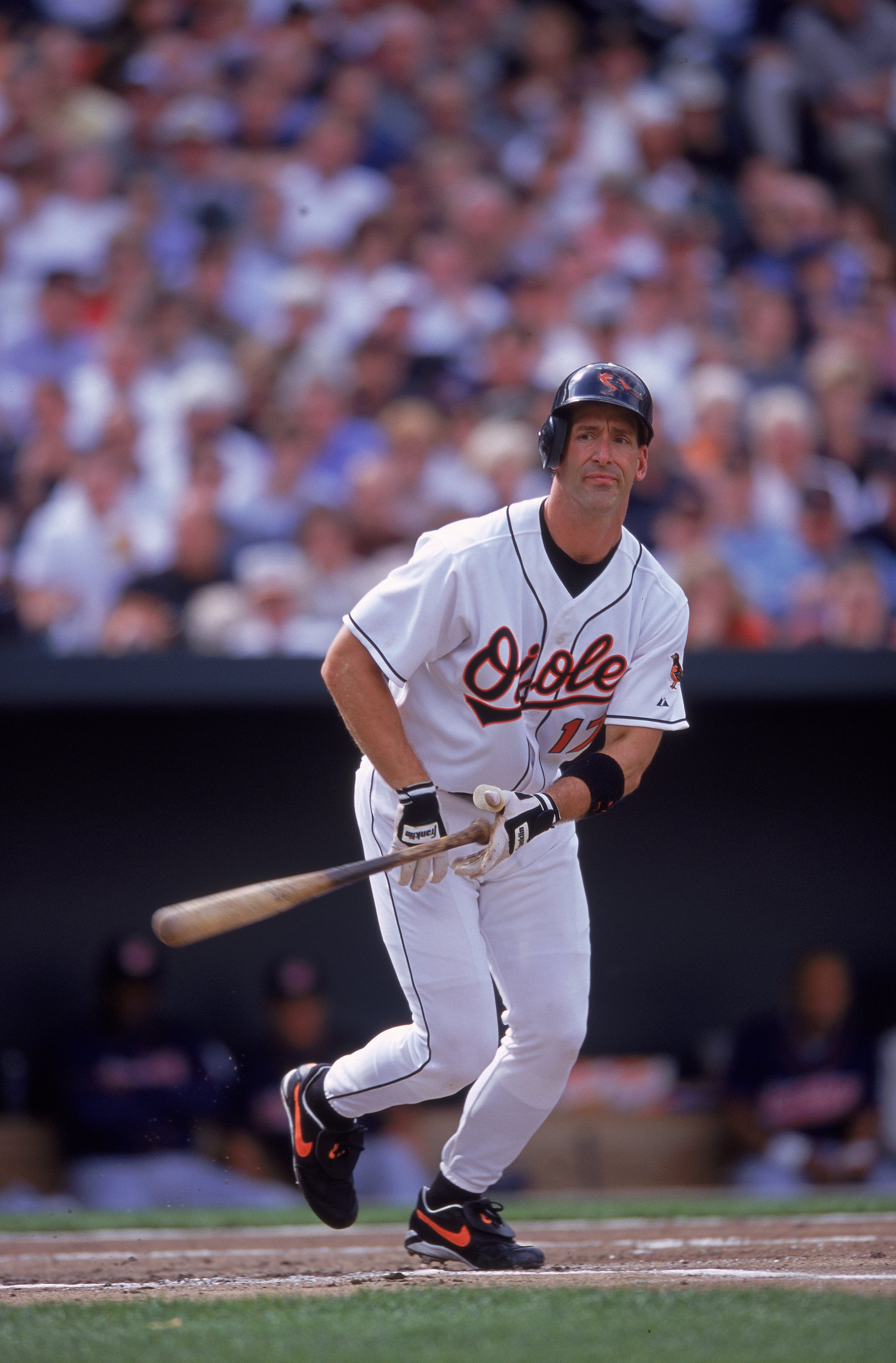 3 Apr 2000:  B.J. Surhoff #17 of the Baltimore Orioles starts to run to first base during the game against the Cleveland Indians at the Camden Yards in Baltimore, Maryland. The Indians defeated the Orioles 4-1. Mandatory Credit: Doug Pensinger  /Allsport