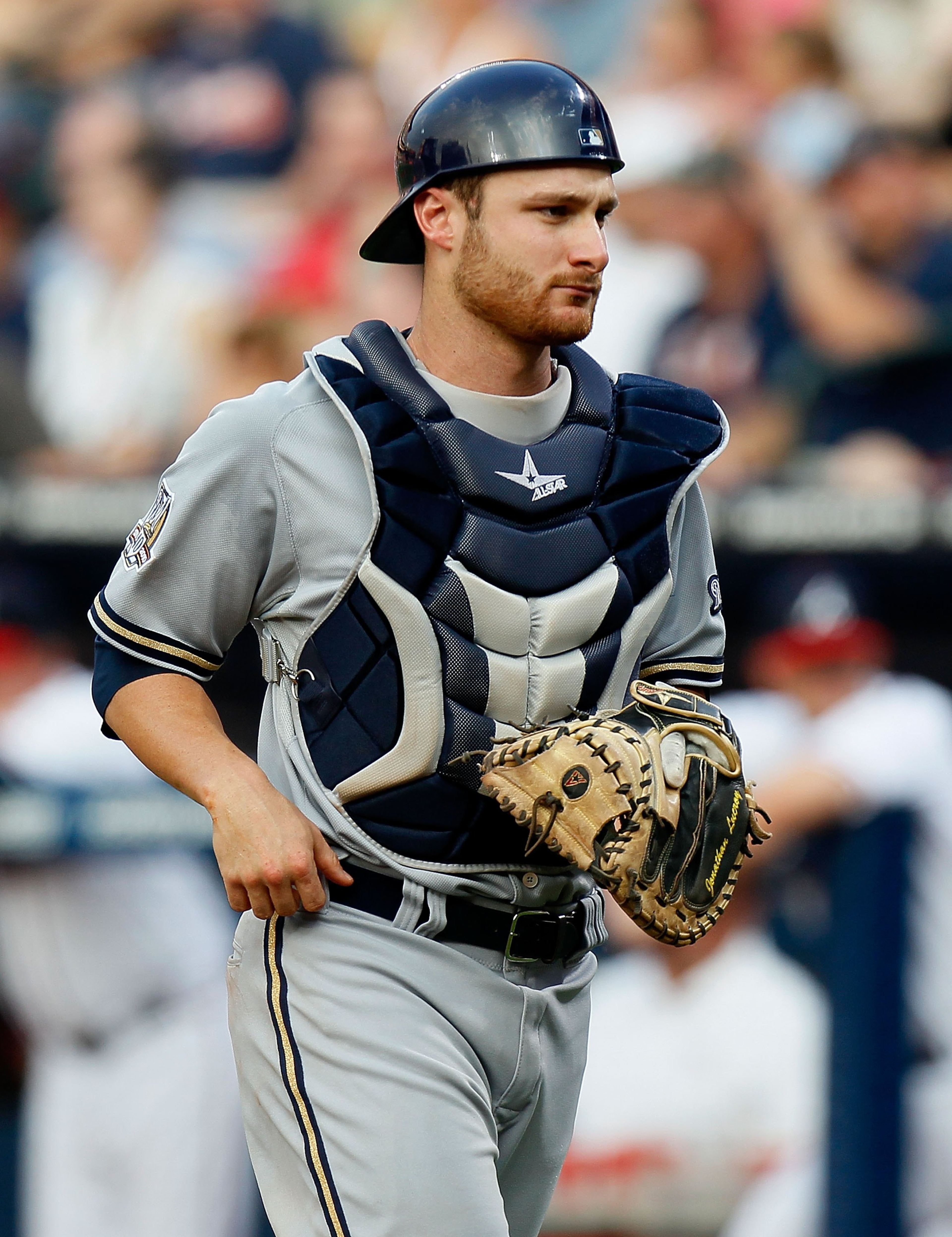 ATLANTA - JULY 15:  Jonathan Lucroy #20 of the Milwaukee Brewers against the Atlanta Braves at Turner Field on July 15, 2010 in Atlanta, Georgia.  (Photo by Kevin C. Cox/Getty Images)