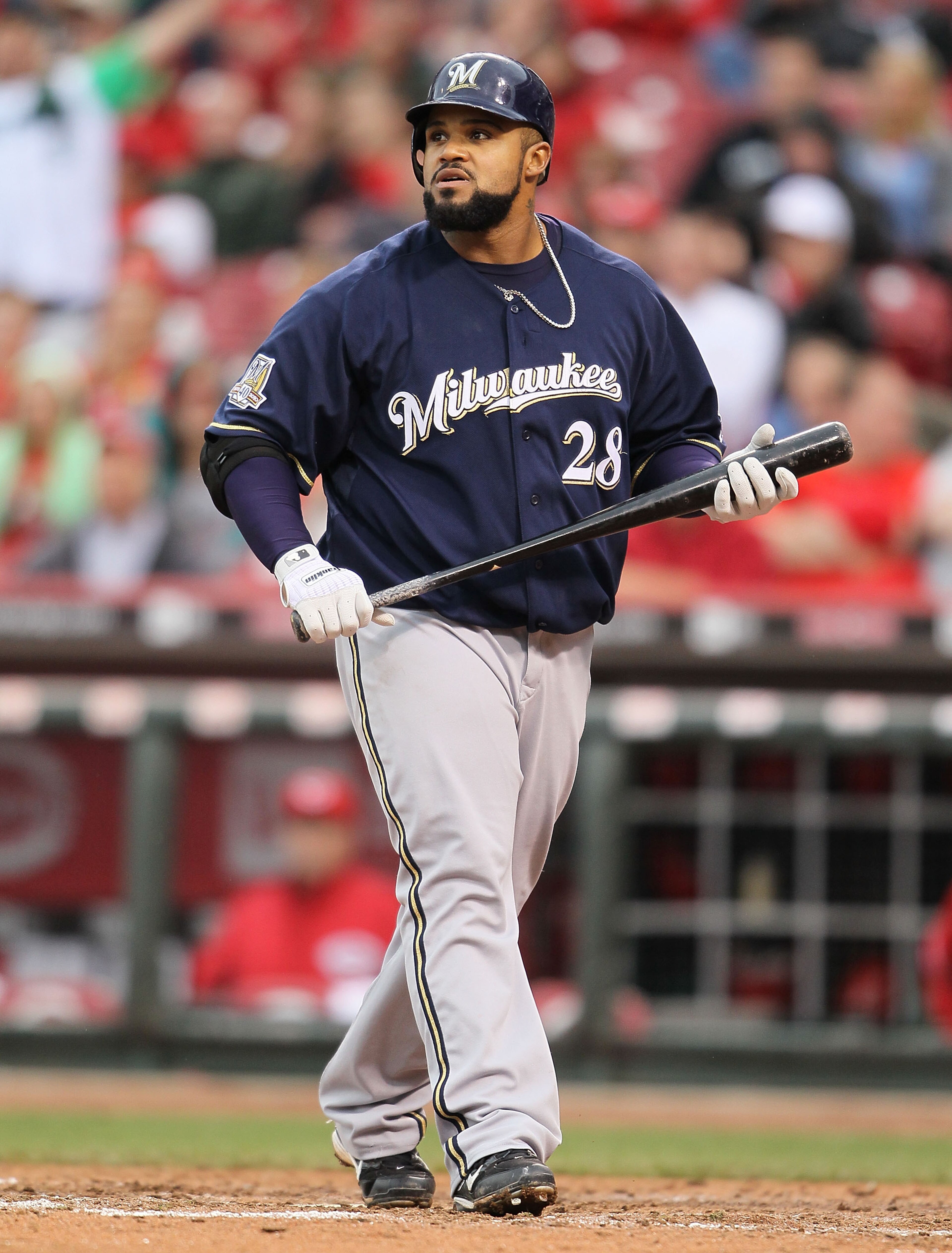 CINCINNATI - MAY 18:  Prince Fielder #28 of the Milwaukee Brewers is at bat during the game against the Cincinnati Reds at Great American Ball Park on May 18, 2010 in Cincinnati, Ohio.  (Photo by Andy Lyons/Getty Images)