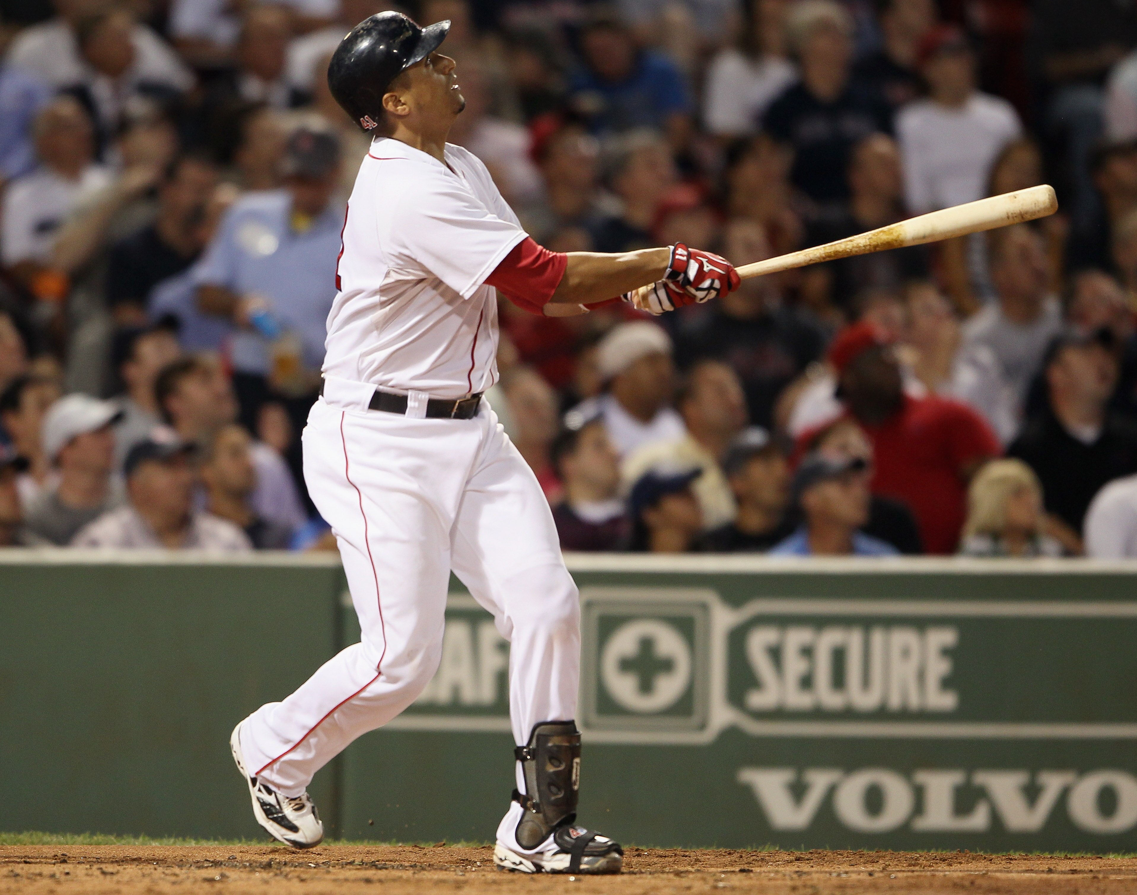 BOSTON - SEPTEMBER 07: Victor Martinez #41 of the Boston Red Sox hits a 2RBI double in the first inning against the Tampa Bay Rays on September 7, 2010 at Fenway Park in Boston, Massachusetts.  (Photo by Elsa/Getty Images)