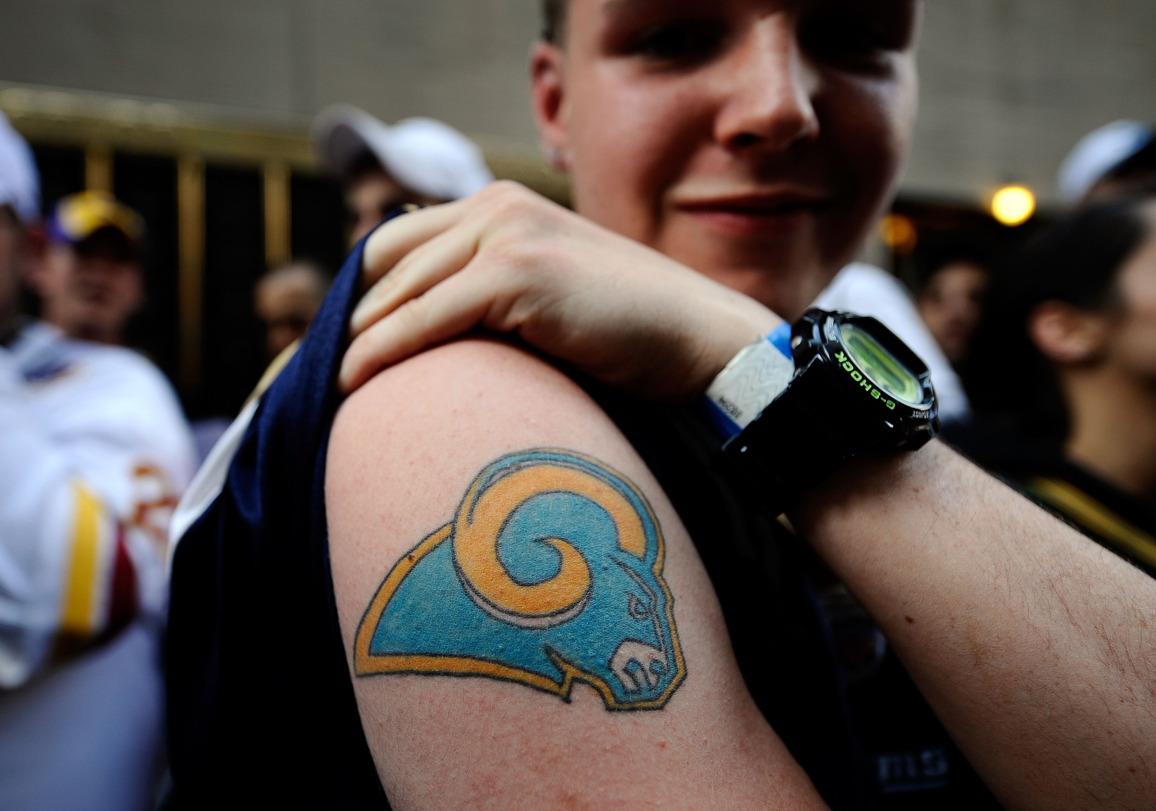 NEW YORK - APRIL 22:  Brian Skidmore, fan of the St. Louis Rams shows off his Rams logo tattoo prior to the 2010 NFL Draft at Radio City Music Hall on April 22, 2010 in New York City.  (Photo by Jeff Zelevansky/Getty Images)