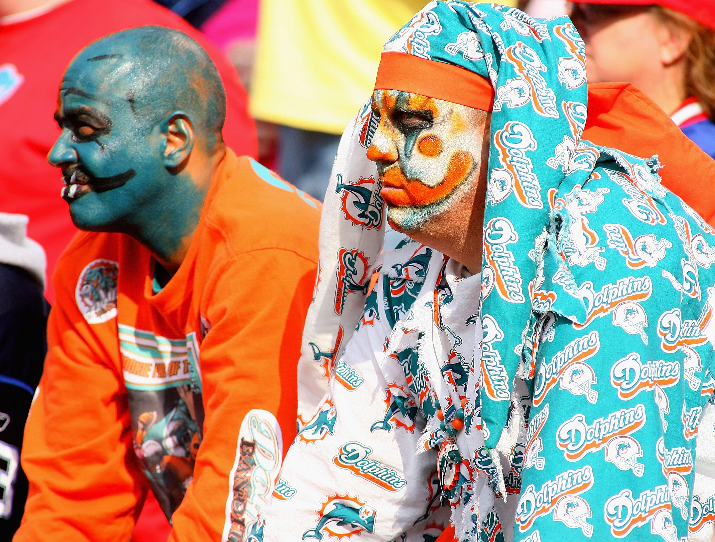 ORCHARD PARK, NY - SEPTEMBER 12: Miami Dolphins fans watch a play during the NFL season opener against the Buffalo Bills at Ralph Wilson Stadium on September 12, 2010 in Orchard Park, New York. The Dolphins won 15-10. (Photo by Rick Stewart/Getty Images)