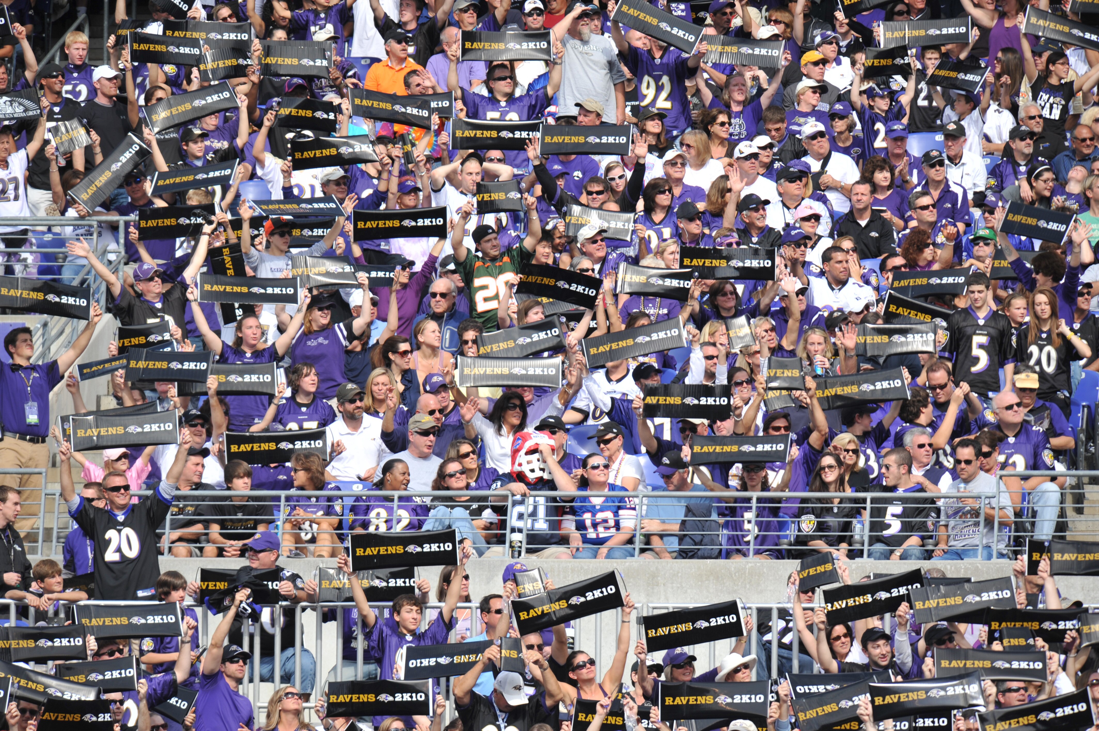 BALTIMORE, MD - OCTOBER 24:  Fans of the Baltimore Ravens cheer against the Buffalo Bills at M&T Bank Stadium on October 24, 2010 in Baltimore, Maryland. The Ravens defeated the Bills 37-34. (Photo by Larry French/Getty Images)