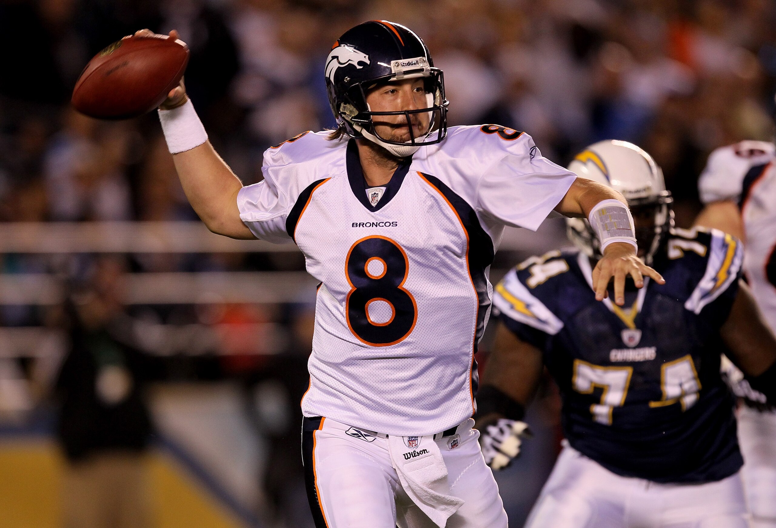 SAN DIEGO - NOVEMBER 22: Quarterback Kyle Orton #8 of the Denver Broncos throws a pass on the run against the San Diego Chargers at Qualcomm Stadium on November 22, 2010 in San Diego, California. (Photo by Stephen Dunn/Getty Images) SAN DIEGO - NOVEMBER 22: Quarterback Kyle Orton #8 of the Denver Broncos throws a pass on the run against the San Diego Chargers at Qualcomm Stadium on November 22, 2010 in San Diego, California. (Photo by Stephen Dunn/Getty Images)