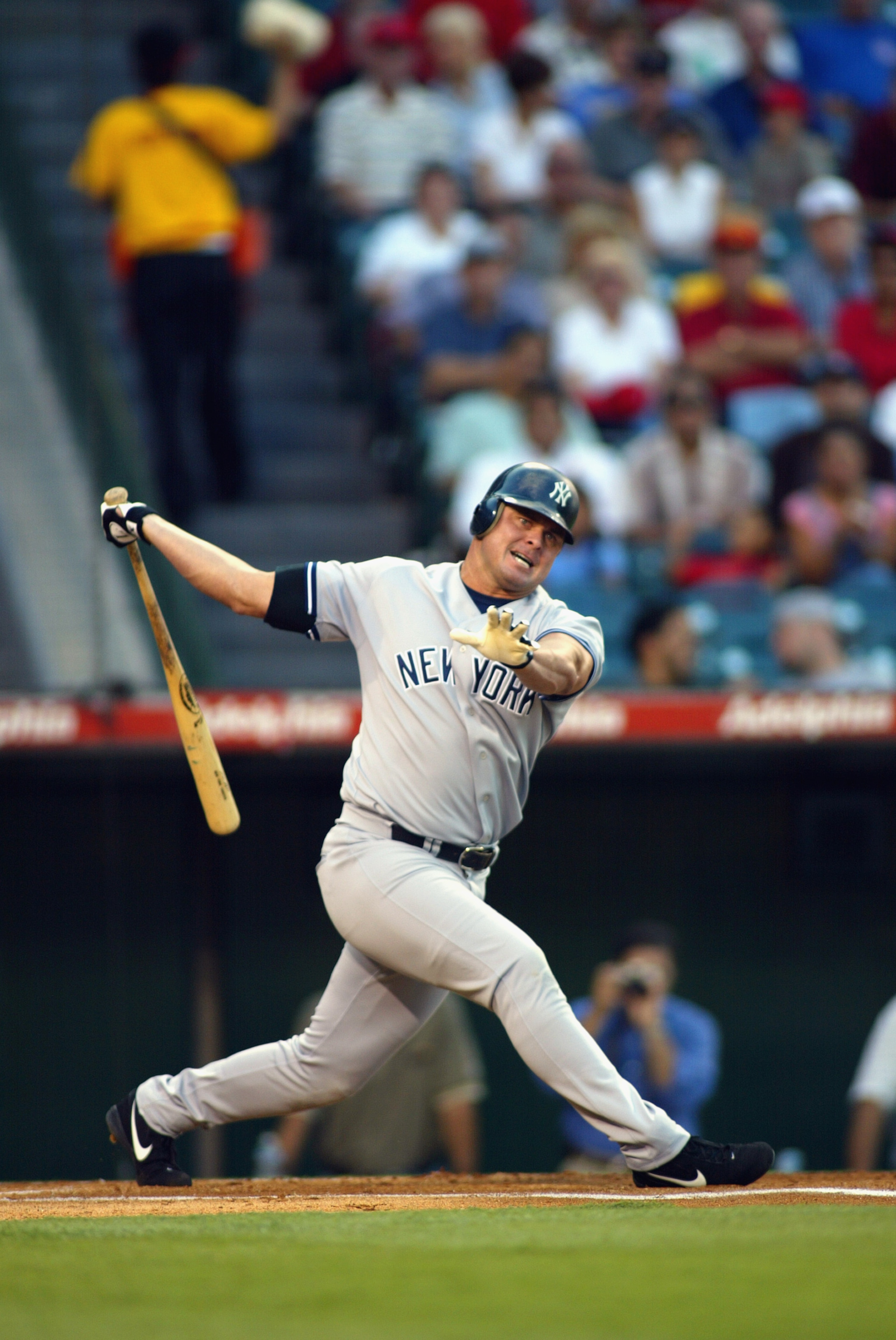 ANAHEIM, CA - AUGUST 1:  Jason Giambi #25 of the New York Yankees at bat against the Anaheim Angels during the game on August 1, 2002 at Edison International Field in Anaheim, California. The Angles won, 2-1. (Photo by Robert Laberge/Getty Images)