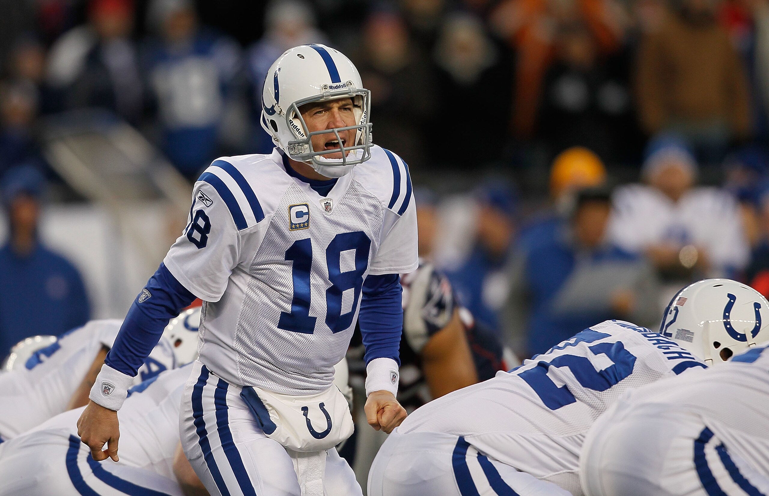 FOXBORO, MA - NOVEMBER 21: Peyton Manning #18 of the Indianapolis Colts shouts instructions during a game with the New England Patriots at Gillette Stadium on November 21, 2010 in Foxboro, Massachusetts. (Photo by Jim Rogash/Getty Images) FOXBORO, MA - NOVEMBER 21: Peyton Manning #18 of the Indianapolis Colts shouts instructions during a game with the New England Patriots at Gillette Stadium on November 21, 2010 in Foxboro, Massachusetts. (Photo by Jim Rogash/Getty Images)