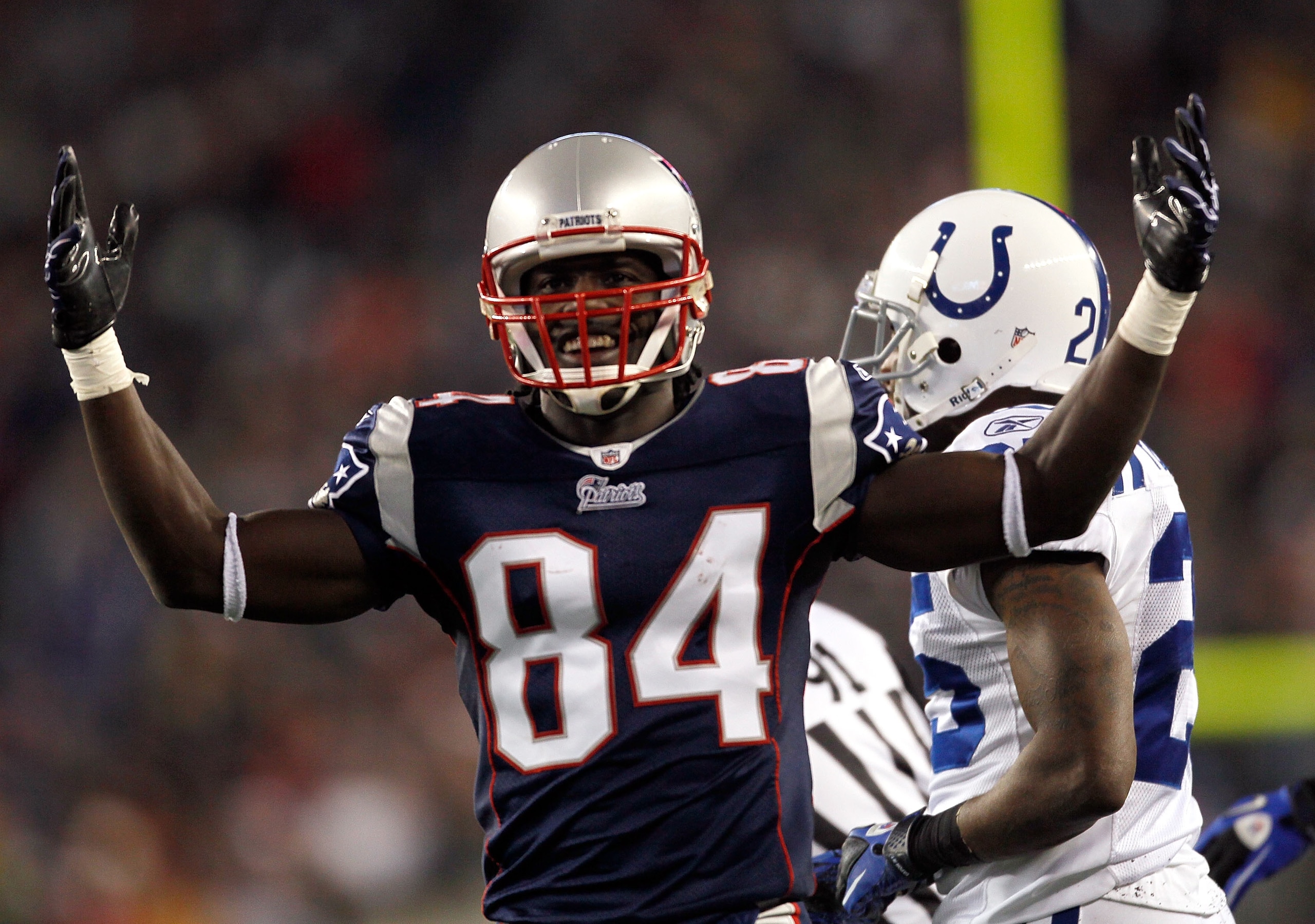FOXBORO, MA - NOVEMBER 21: Deion Branch #84 of the New England Patriots reacts after teammate in the second half against the Indianapolis Colts at Gillette Stadium on November 21, 2010 in Foxboro, Massachusetts. (Photo by Jim Rogash/Getty Images) FOXBORO, MA - NOVEMBER 21: Deion Branch #84 of the New England Patriots reacts after teammate in the second half against the Indianapolis Colts at Gillette Stadium on November 21, 2010 in Foxboro, Massachusetts. (Photo by Jim Rogash/Getty Images)