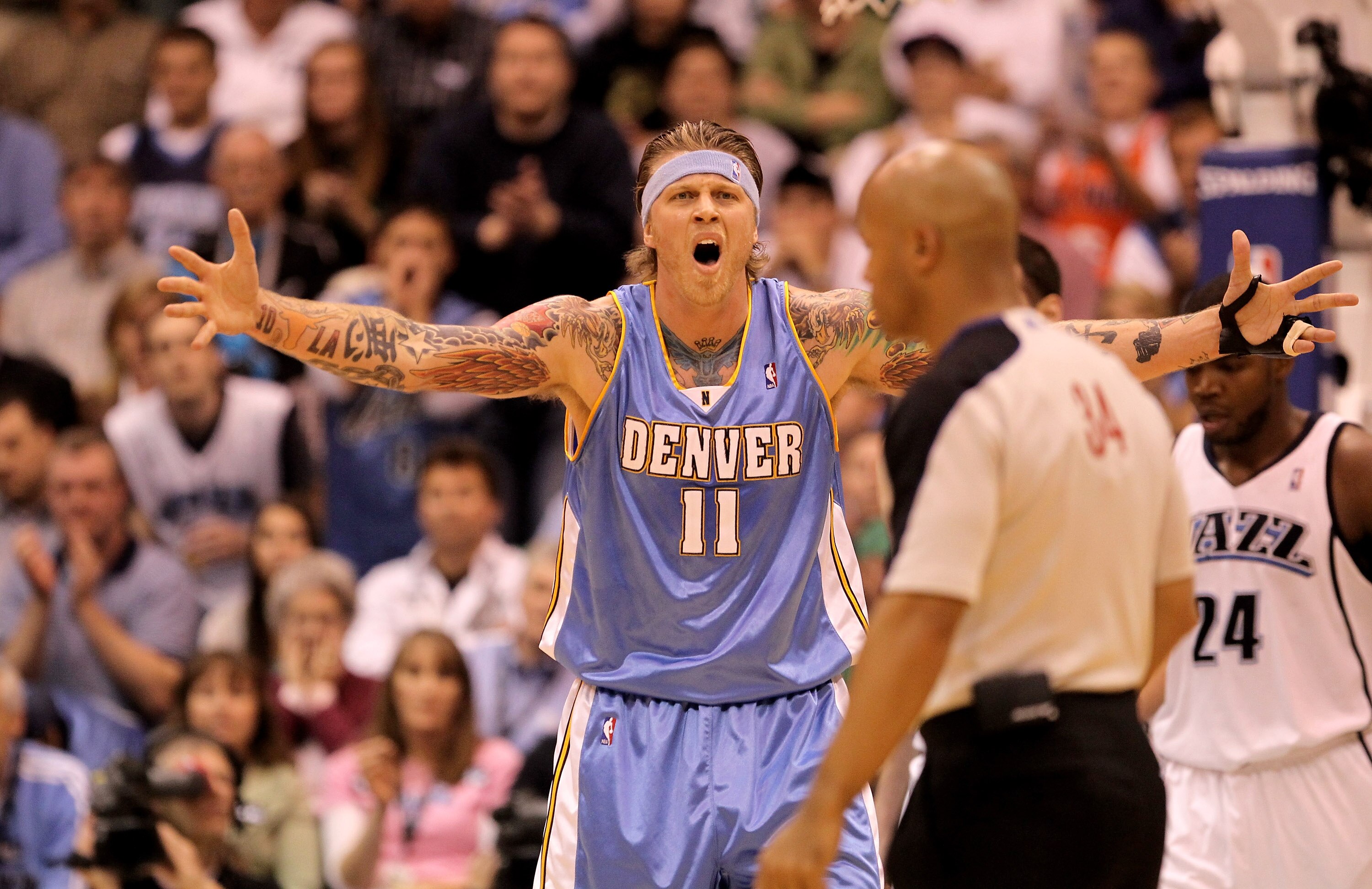 SALT LAKE CITY - APRIL 30:  Chris Andersen #11 of the Denver Nuggets reacts after a call during their game against the Utah Jazz during Game Six of the Western Conference Quarterfinals of the 2010 NBA Playoffs at EnergySolutions Arena on April 30, 2010 in