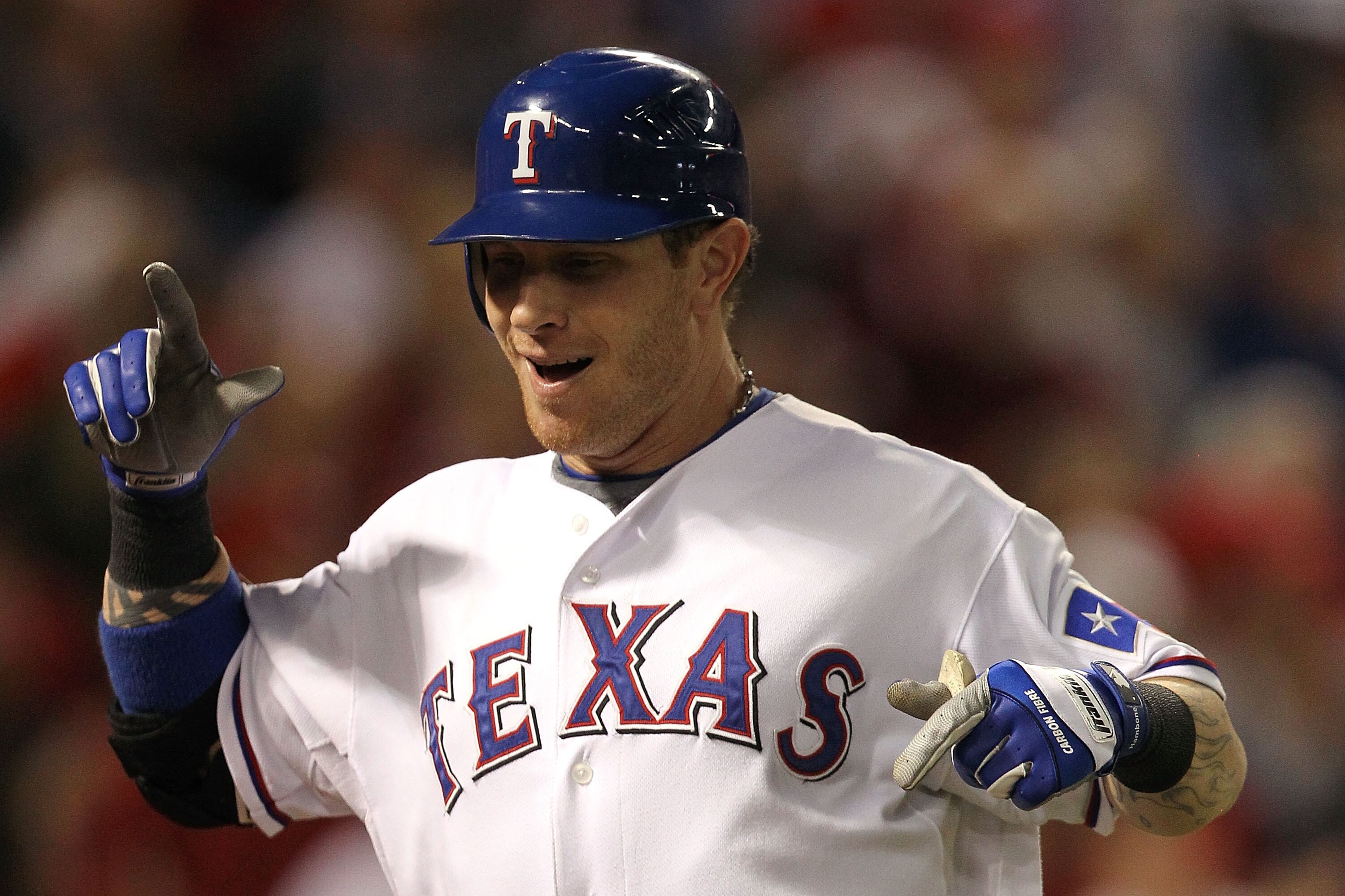 ARLINGTON, TX - OCTOBER 30: Josh Hamilton #32 of the Texas Rangers reacts after he hit a solo home run in the bottom of the fifth inning against the San Francisco Giants in Game Three of the 2010 MLB World Series at Rangers Ballpark in Arlington on Octob ARLINGTON, TX - OCTOBER 30: Josh Hamilton #32 of the Texas Rangers reacts after he hit a solo home run in the bottom of the fifth inning against the San Francisco Giants in Game Three of the 2010 MLB World Series at Rangers Ballpark in Arlington on Octob