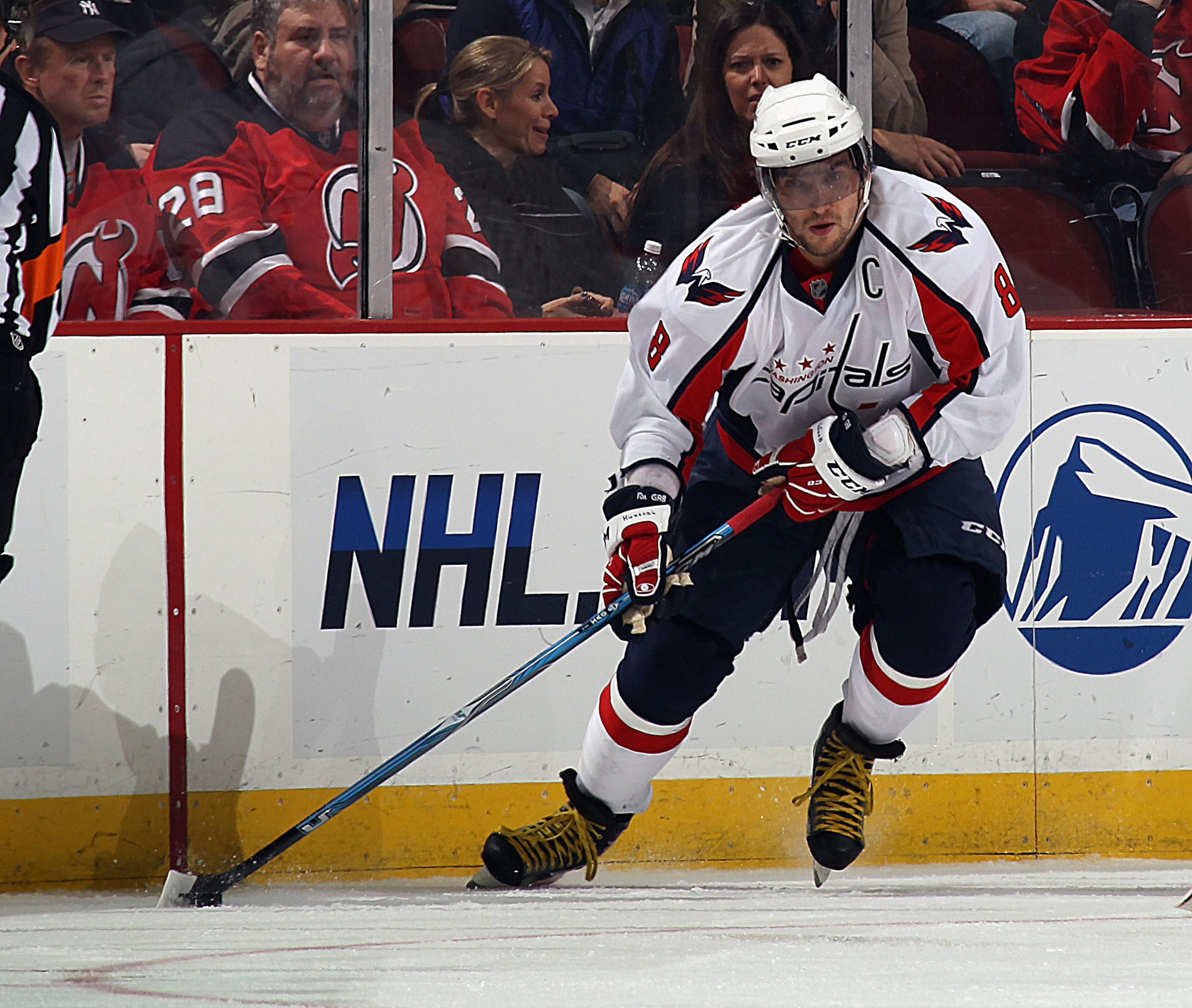 NEWARK, NJ - NOVEMBER 22:  Alex Ovechkin #8 of the Washington Capitals skates against the New Jersey Devils at the Prudential Center on November 22, 2010 in Newark, New Jersey. The Devils defeated the Capitals 5-0.  (Photo by Bruce Bennett/Getty Images)