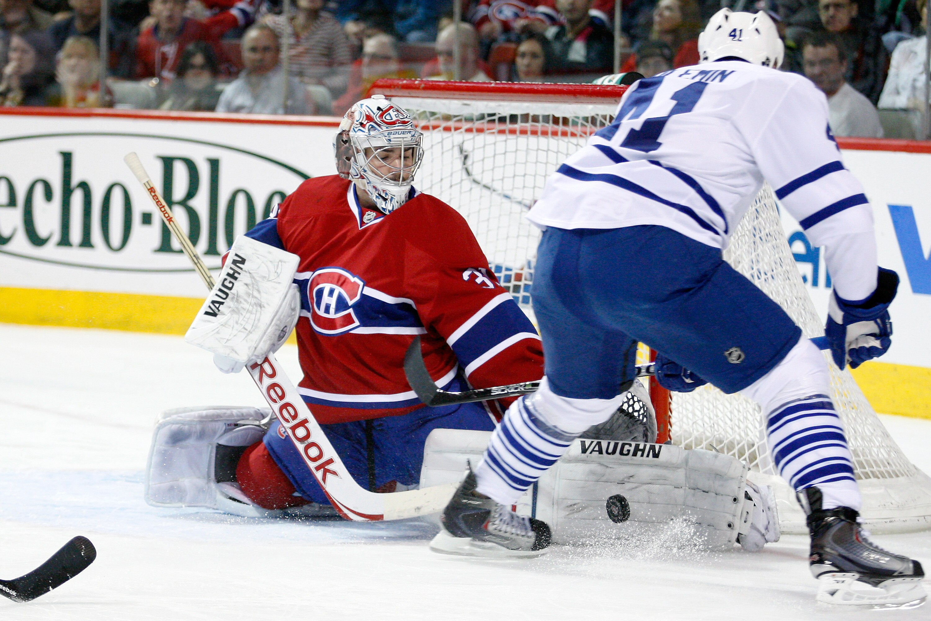 MONTREAL - NOVEMBER 20:  Carey Price #31 of the Montreal Canadiens stops the puck on shot by Nikolai Kulemin #41 of the Toronto Maple Leafs during the NHL game at the Bell Centre on November 20, 2010 in Montreal, Quebec, Canada.  (Photo by Richard Wolowic