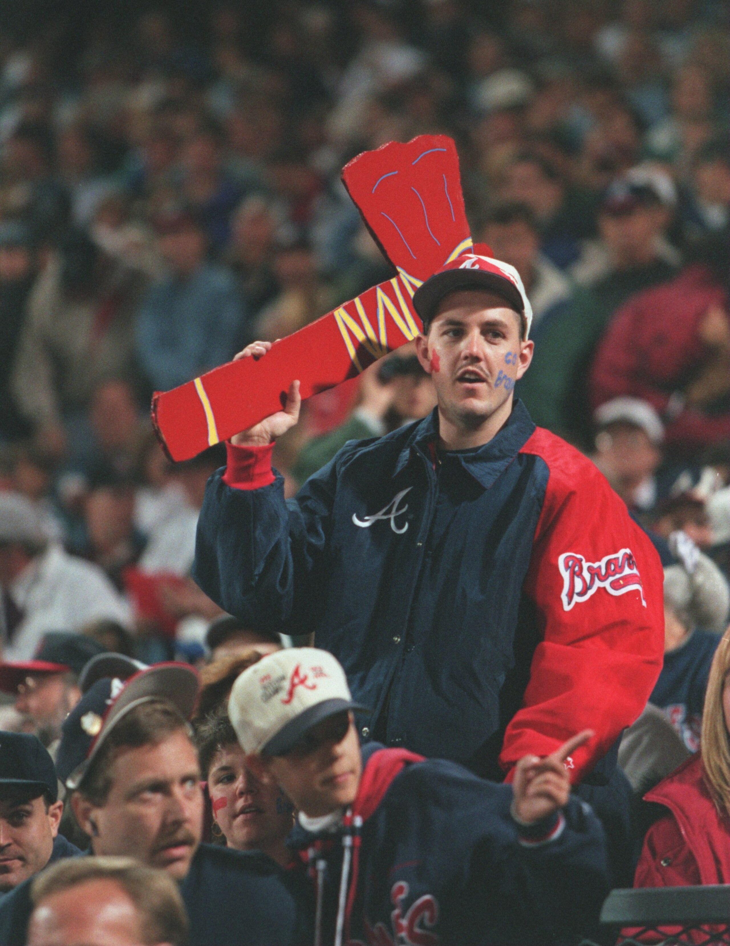 23 Oct 1996:  An Atlanta Braves fan performs the 'Tomahawk Chop' during game 4 of the World Series at Fulton County Stadium in Atlanta, Georgia. Mandatory Credit: Doug Pensinger/ALLSPORT