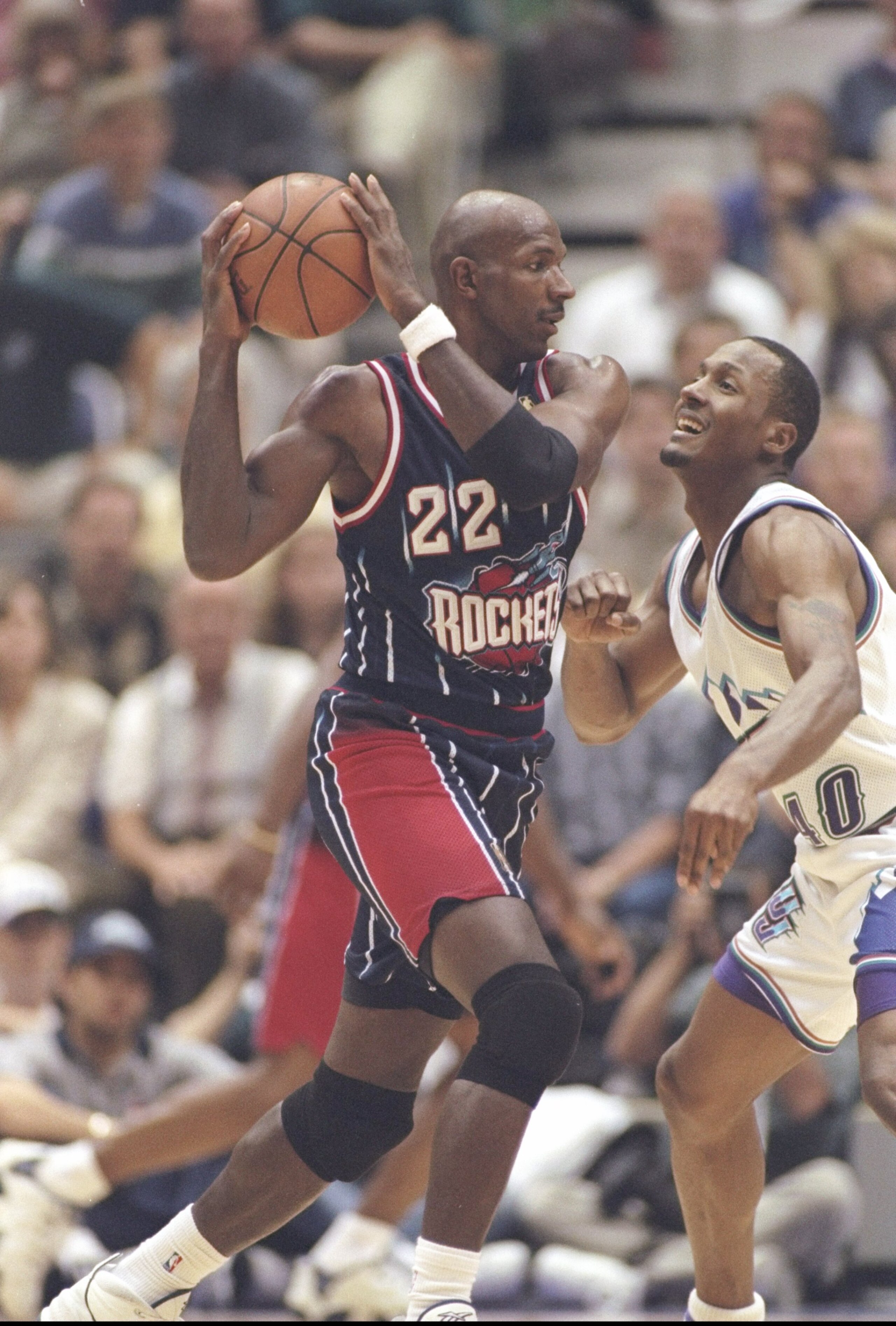 21 May 1997: Utah Jazz forward Shandon Anderson guards Houston Rockets guard Clyde Drexler during playoff game at the Delta Center in Salt Lake City, Utah. The Jazz won the game 101-92. Mandatory Credit: Brian Bahr /Allsport 21 May 1997: Utah Jazz forward Shandon Anderson guards Houston Rockets guard Clyde Drexler during playoff game at the Delta Center in Salt Lake City, Utah. The Jazz won the game 101-92. Mandatory Credit: Brian Bahr /Allsport